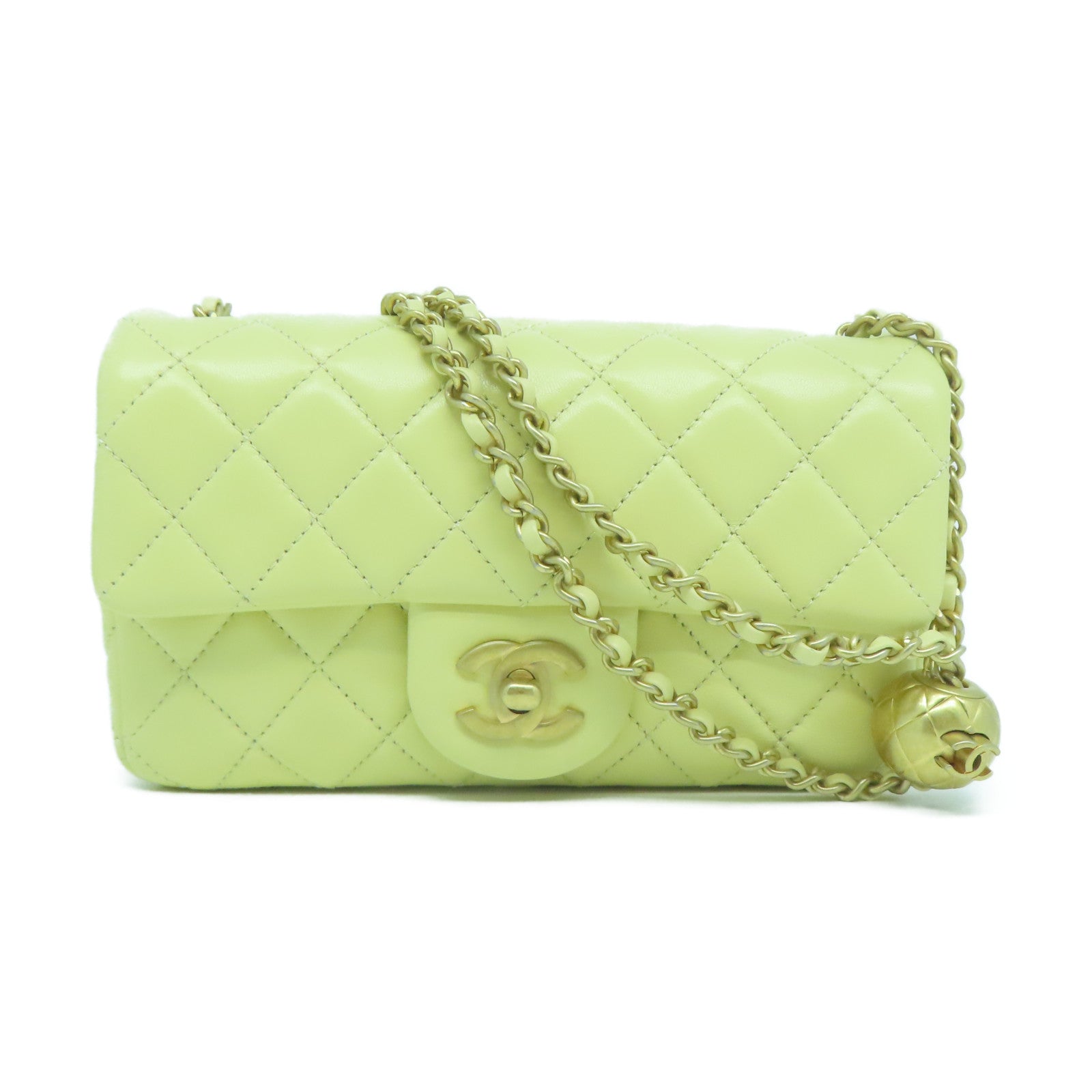 CHANEL 菱格羊皮皮革Chain Shoulder金扣鏈帶肩背袋黃色