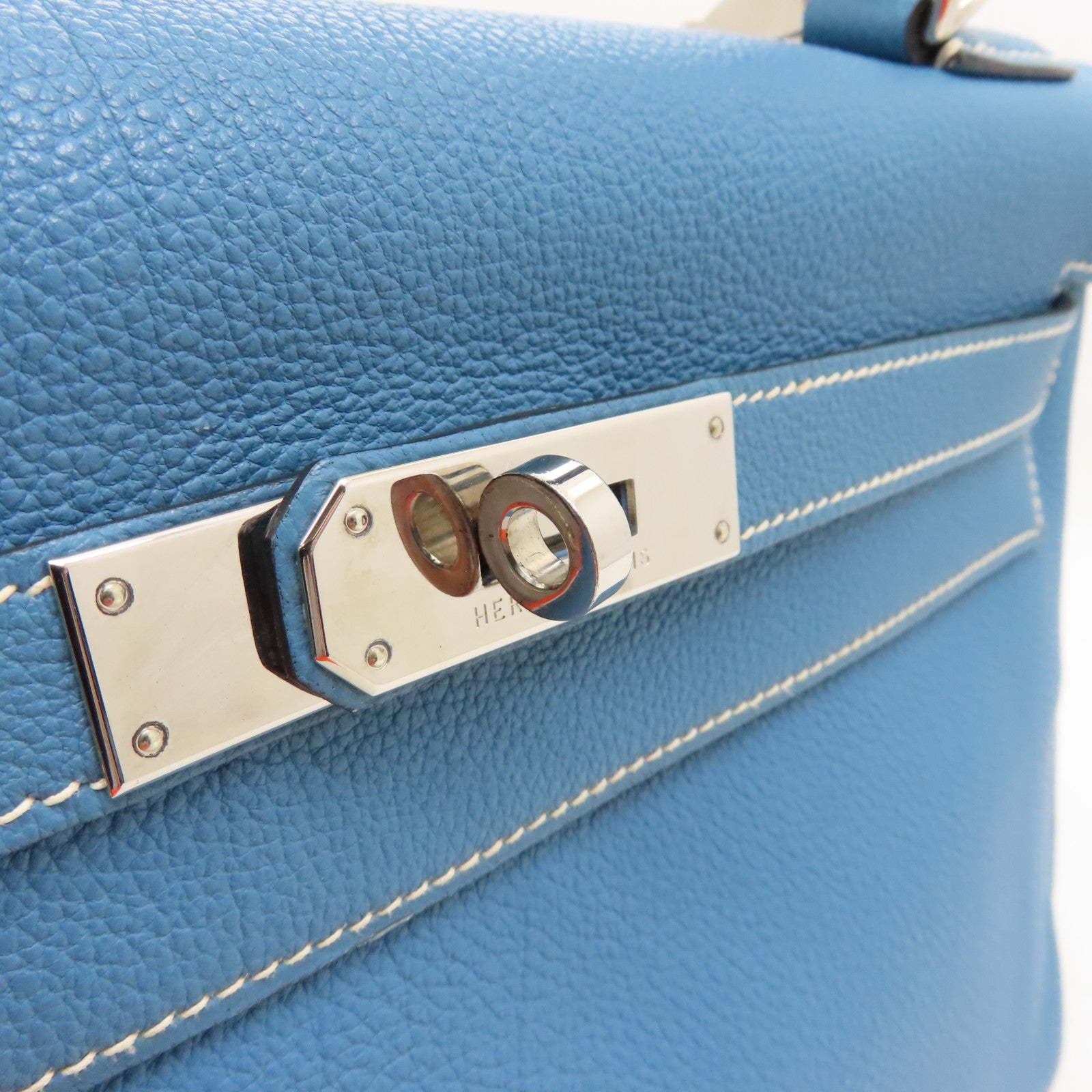 HERMES Togo Leather Kelly 32 Silver Buckle Handle Shoulder Bag Blue Jean Light Blue