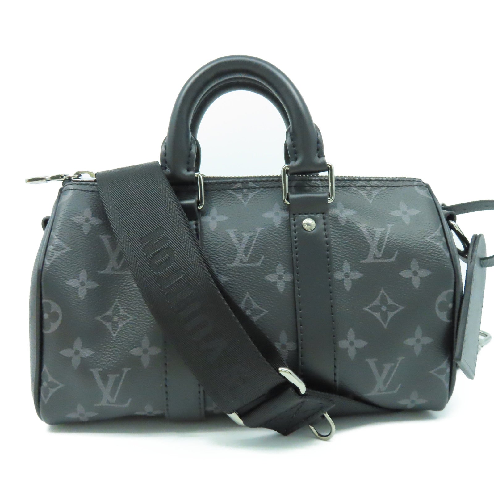 LOUIS VUITTON Monogram Eclipse Keepall Bandouliere 25銀扣手挽肩背兩用袋黑色