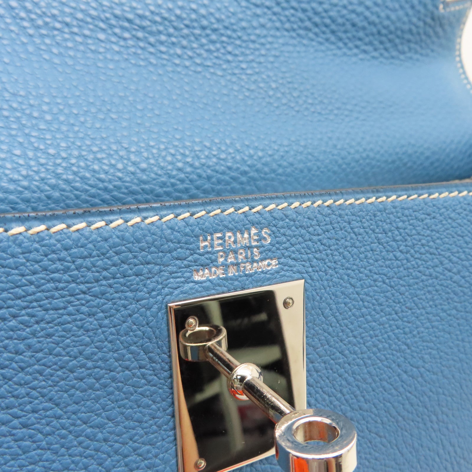 HERMES Togo Leather Kelly 32 Silver Buckle Handle Shoulder Bag Blue Jean Light Blue
