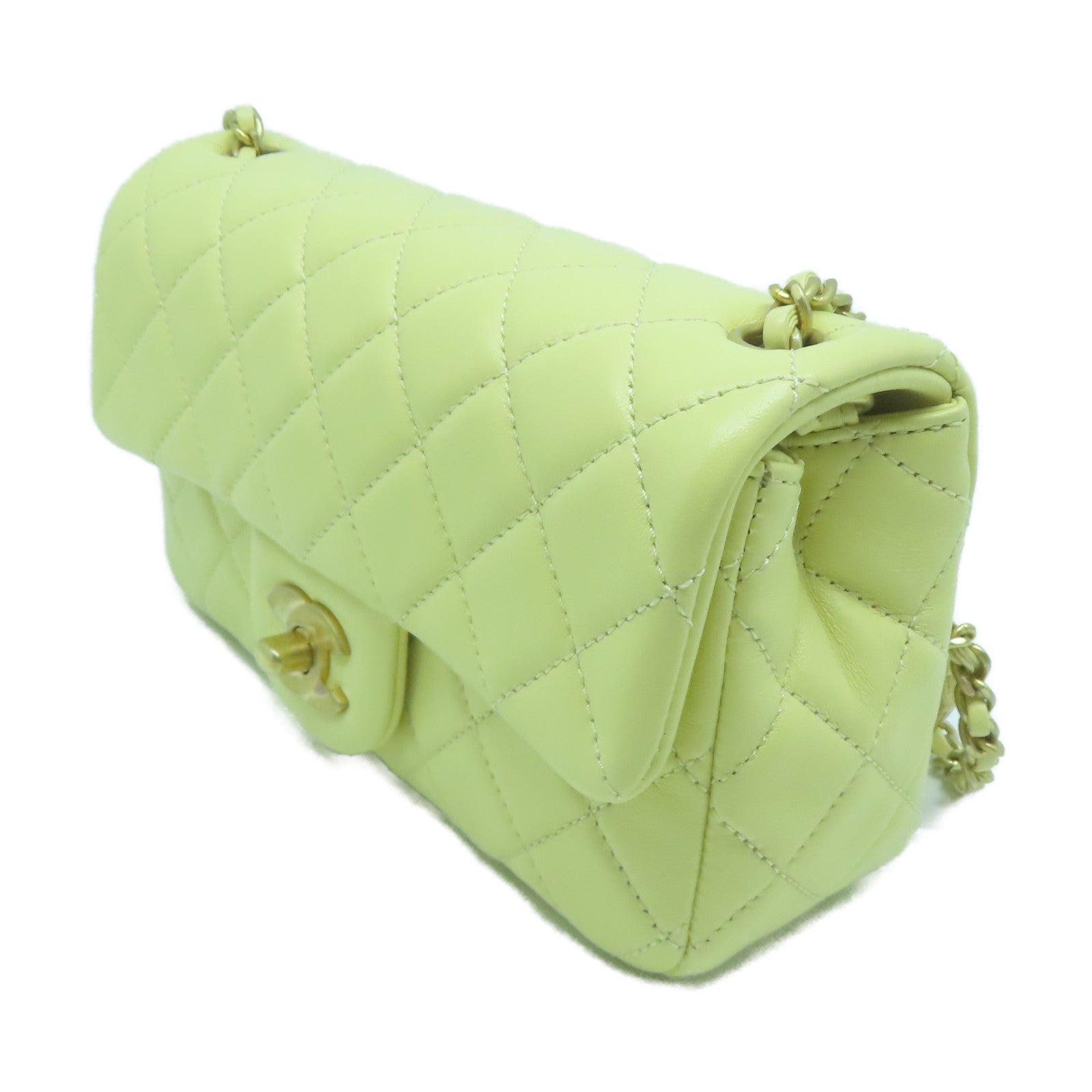 CHANEL 菱格羊皮皮革Chain Shoulder金扣鏈帶肩背袋黃色