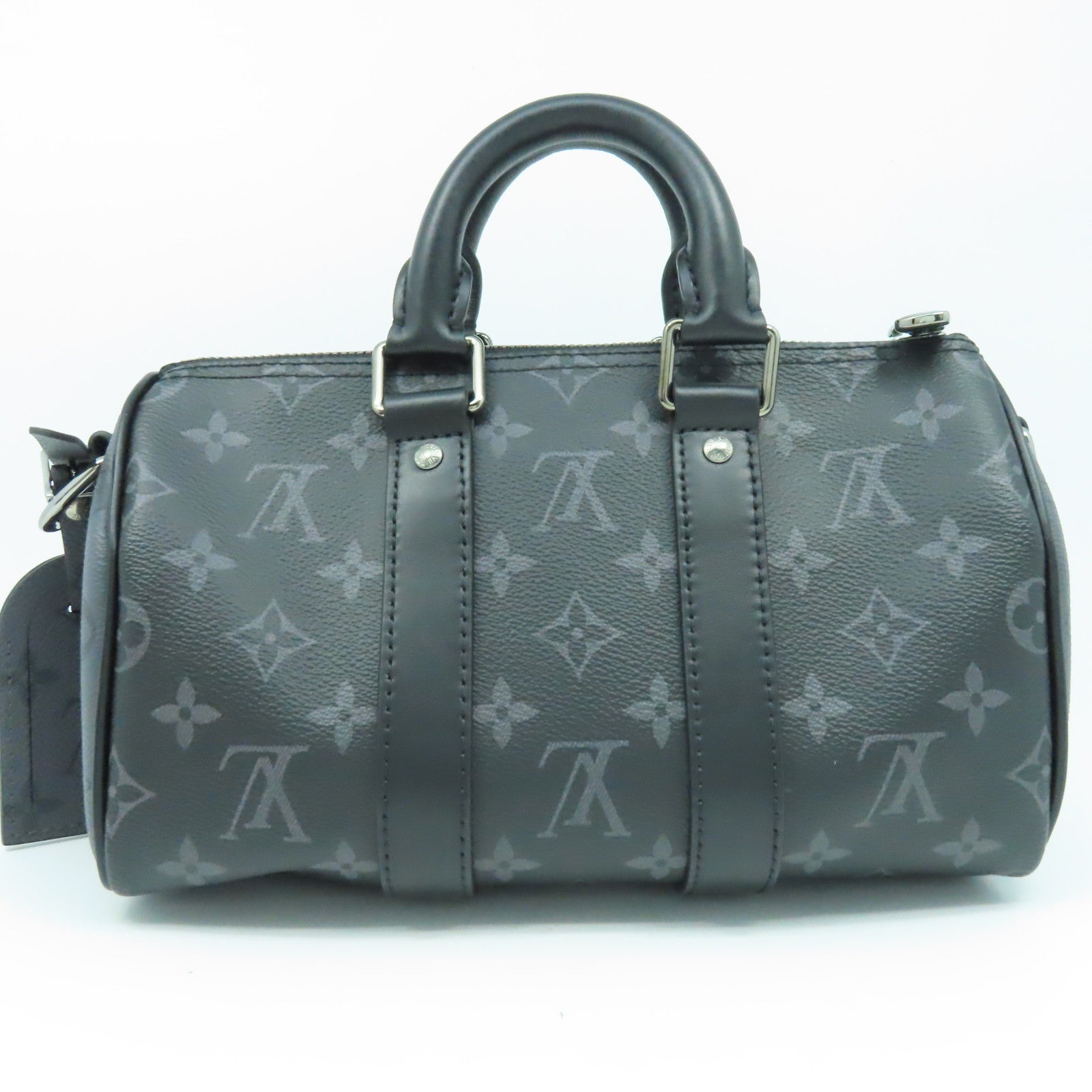 LOUIS VUITTON Monogram Eclipse Keepall Bandouliere 25銀扣手挽肩背兩用袋黑色