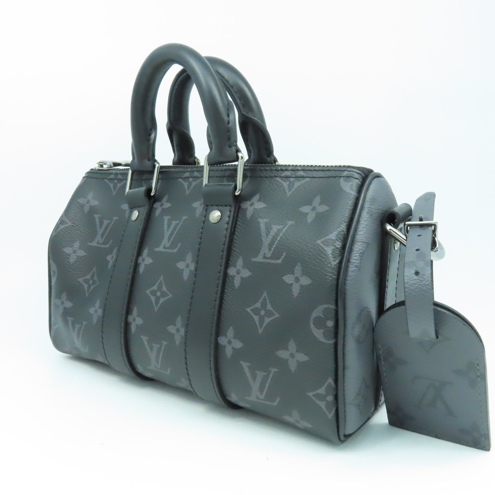 LOUIS VUITTON Monogram Eclipse Keepall Bandouliere 25銀扣手挽肩背兩用袋黑色