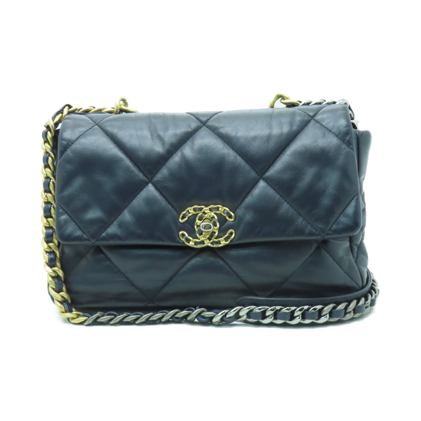 CHANEL 菱格羊皮皮革Shoulder Bag金扣/銀扣鏈帶肩背袋深藍色