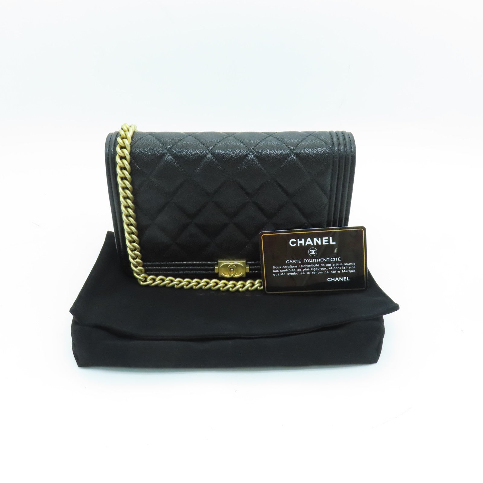 CHANEL 菱格Caviar皮革Boy Wallet On Chain金扣鏈帶肩背袋黑色