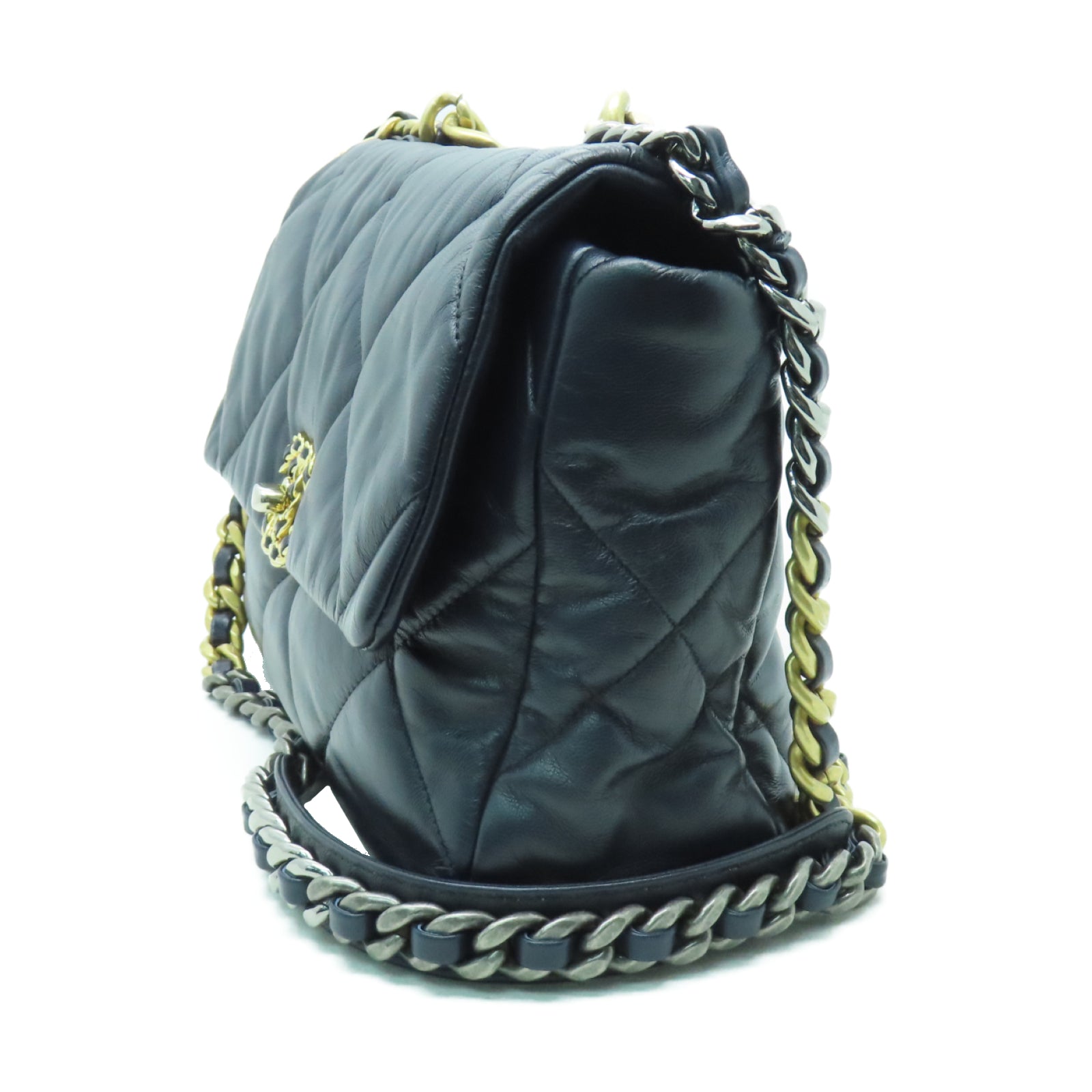 CHANEL 菱格羊皮皮革Shoulder Bag金扣/銀扣鏈帶肩背袋深藍色