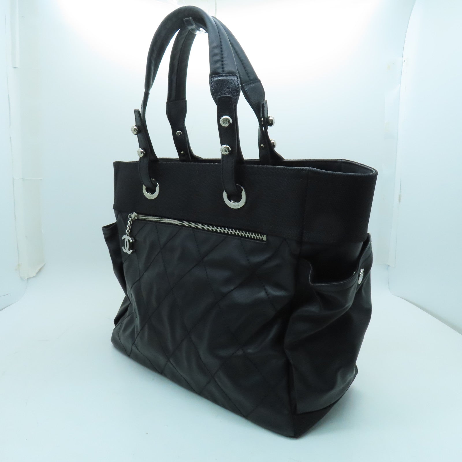 CHANEL 菱格皮革Tote Bag銀扣手挽袋黑色