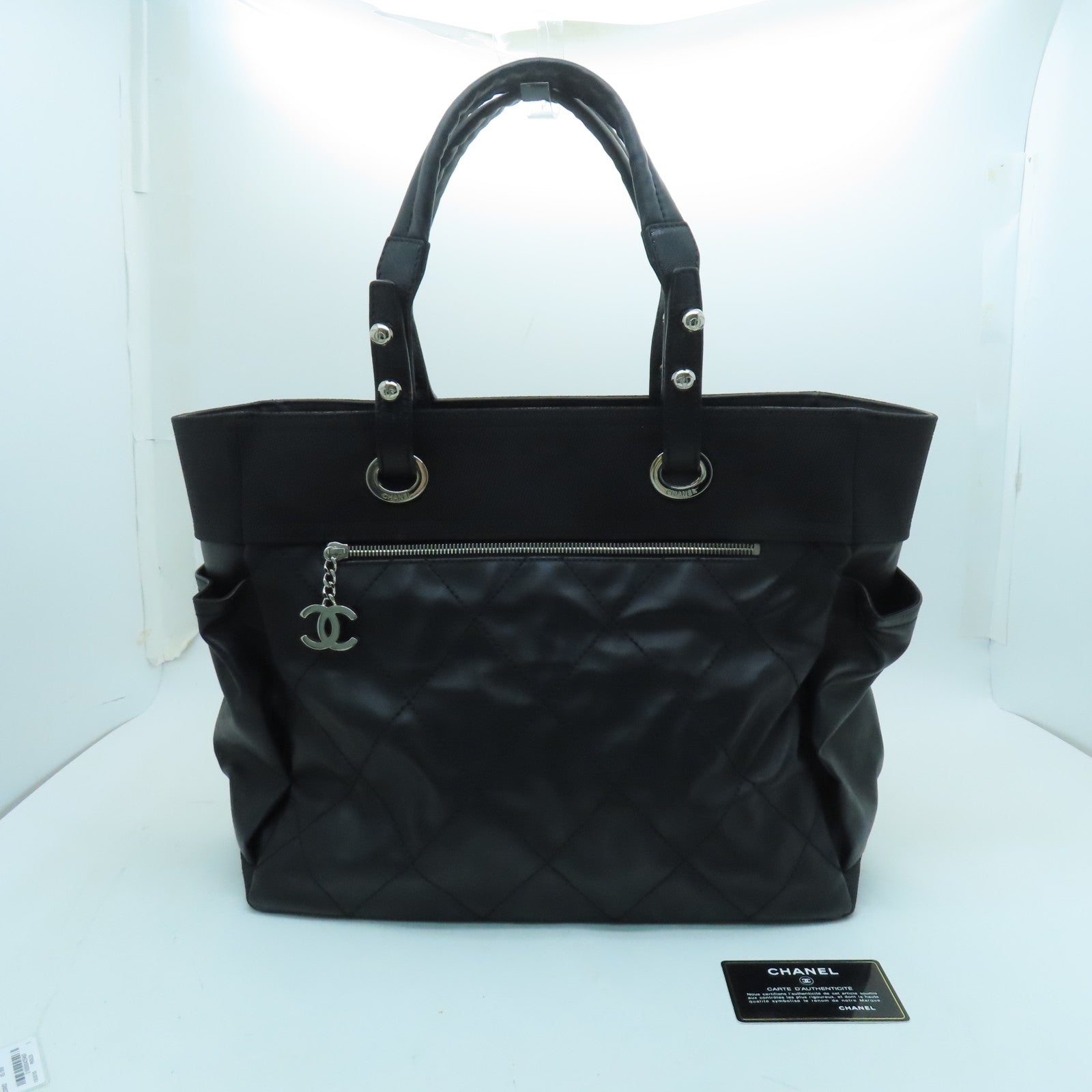 CHANEL 菱格皮革Tote Bag銀扣手挽袋黑色