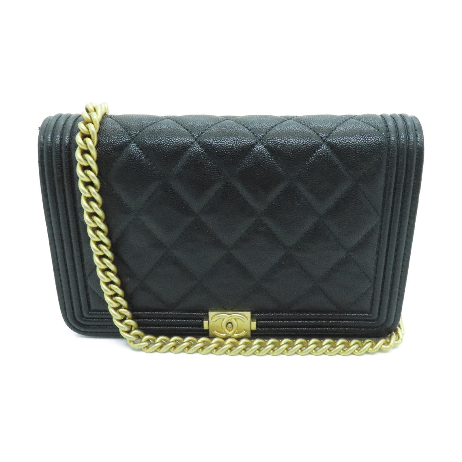 CHANEL 菱格Caviar皮革Boy Wallet On Chain金扣鏈帶肩背袋黑色