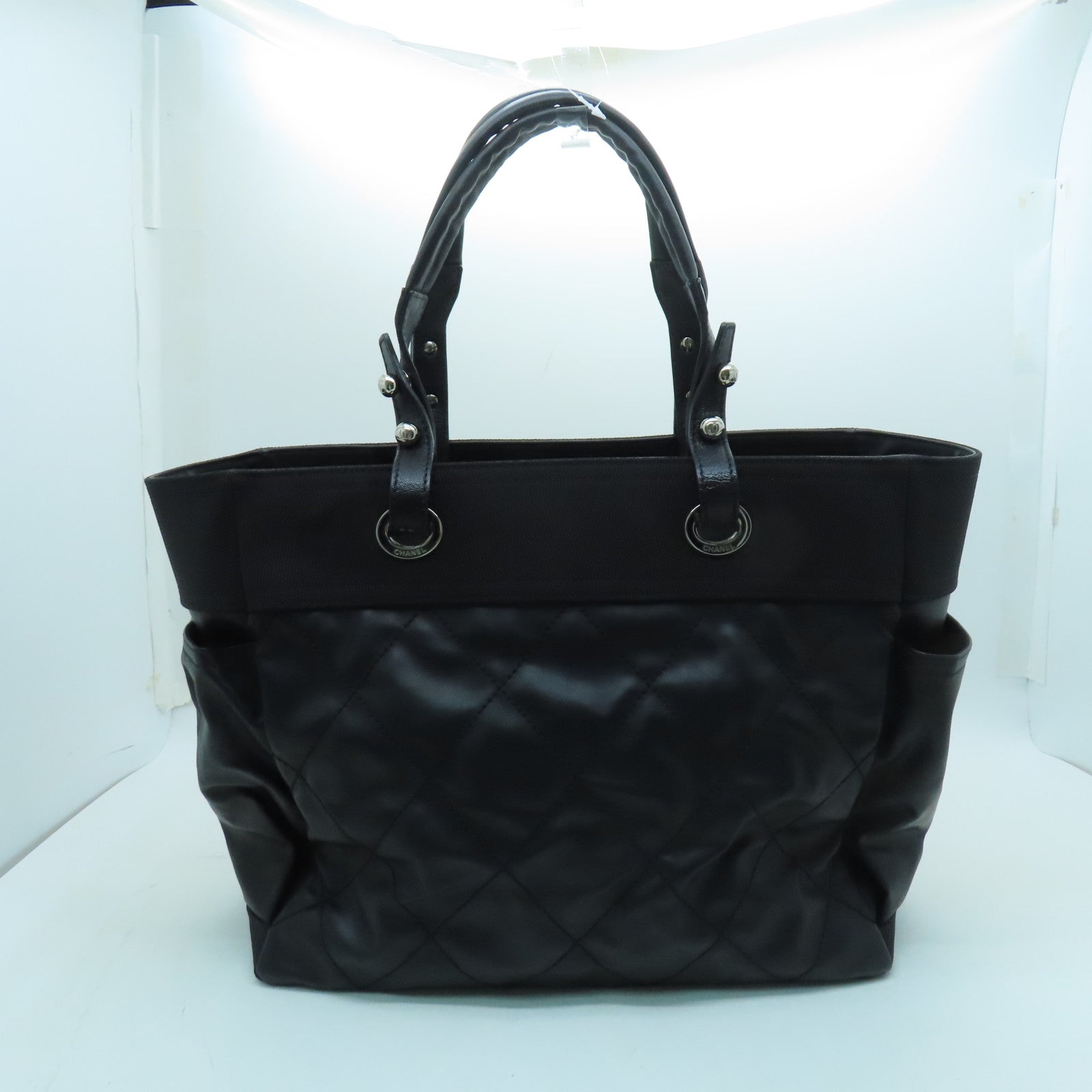 CHANEL 菱格皮革Tote Bag銀扣手挽袋黑色