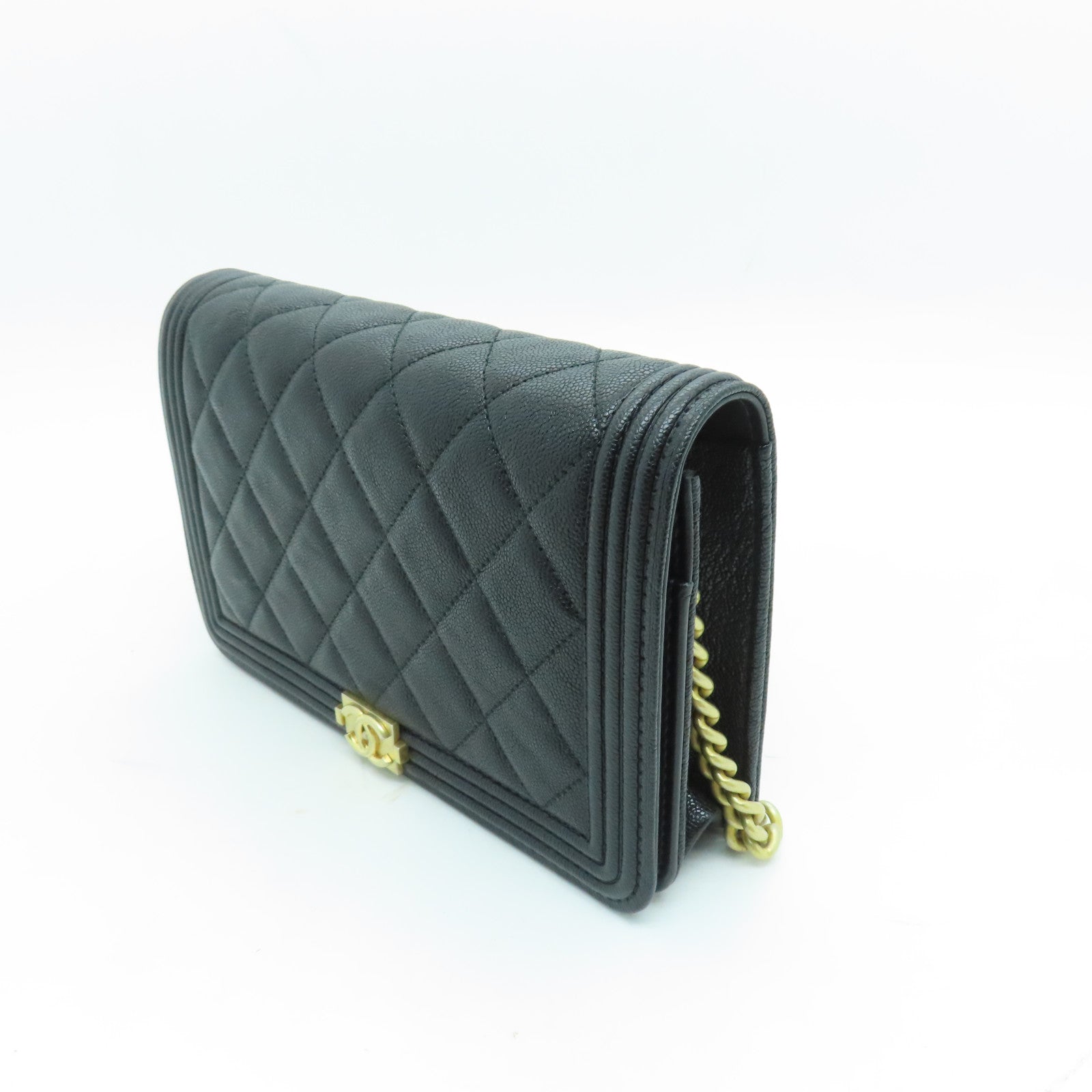 CHANEL 菱格Caviar皮革Boy Wallet On Chain金扣鏈帶肩背袋黑色