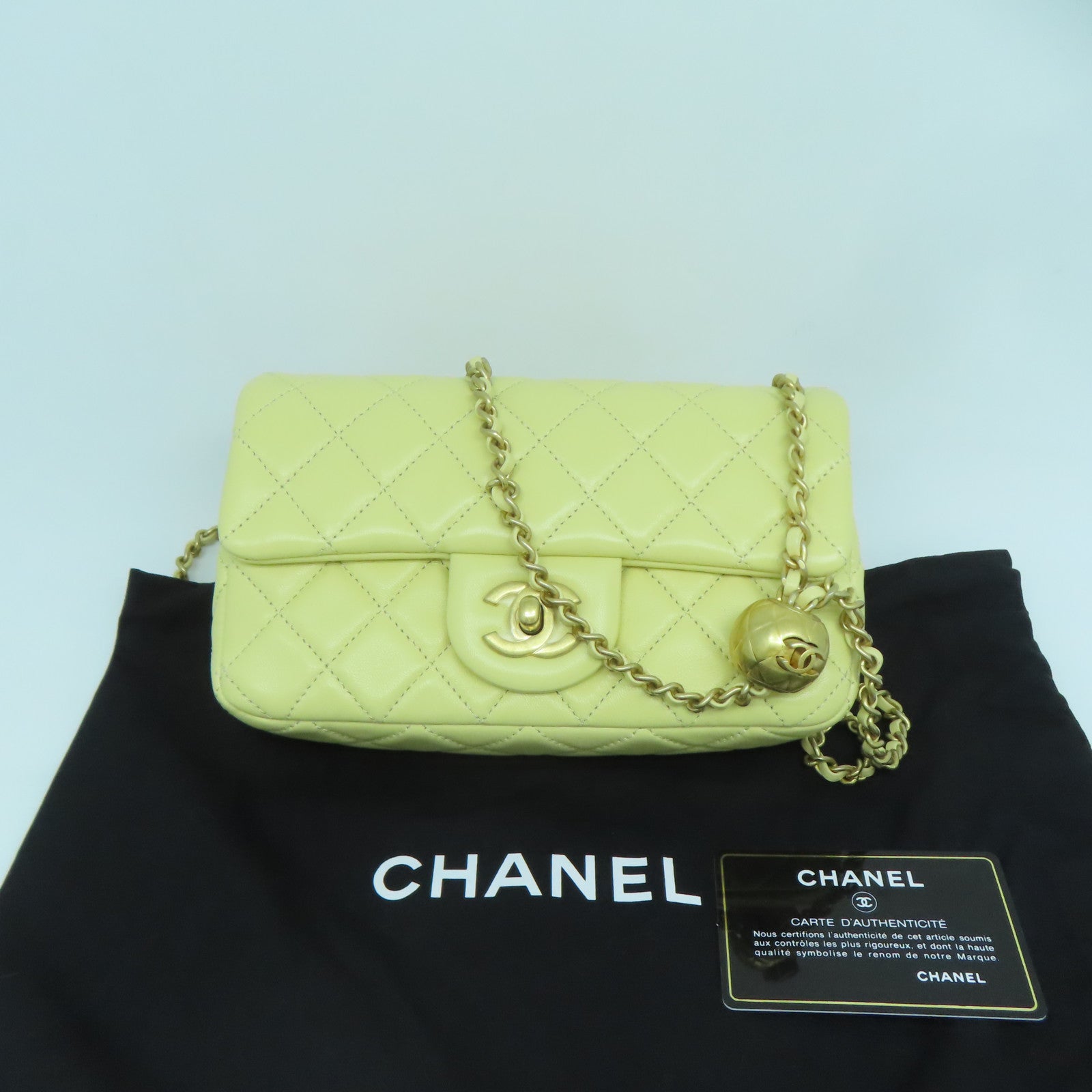 CHANEL 菱格羊皮皮革Chain Shoulder金扣鏈帶肩背袋黃色