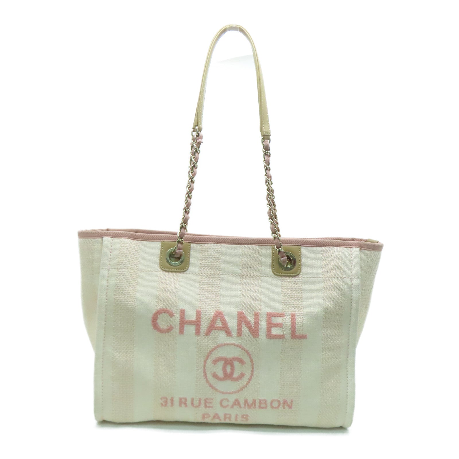 CHANEL 帆布Deauville Tote金扣手挽袋粉紅色
