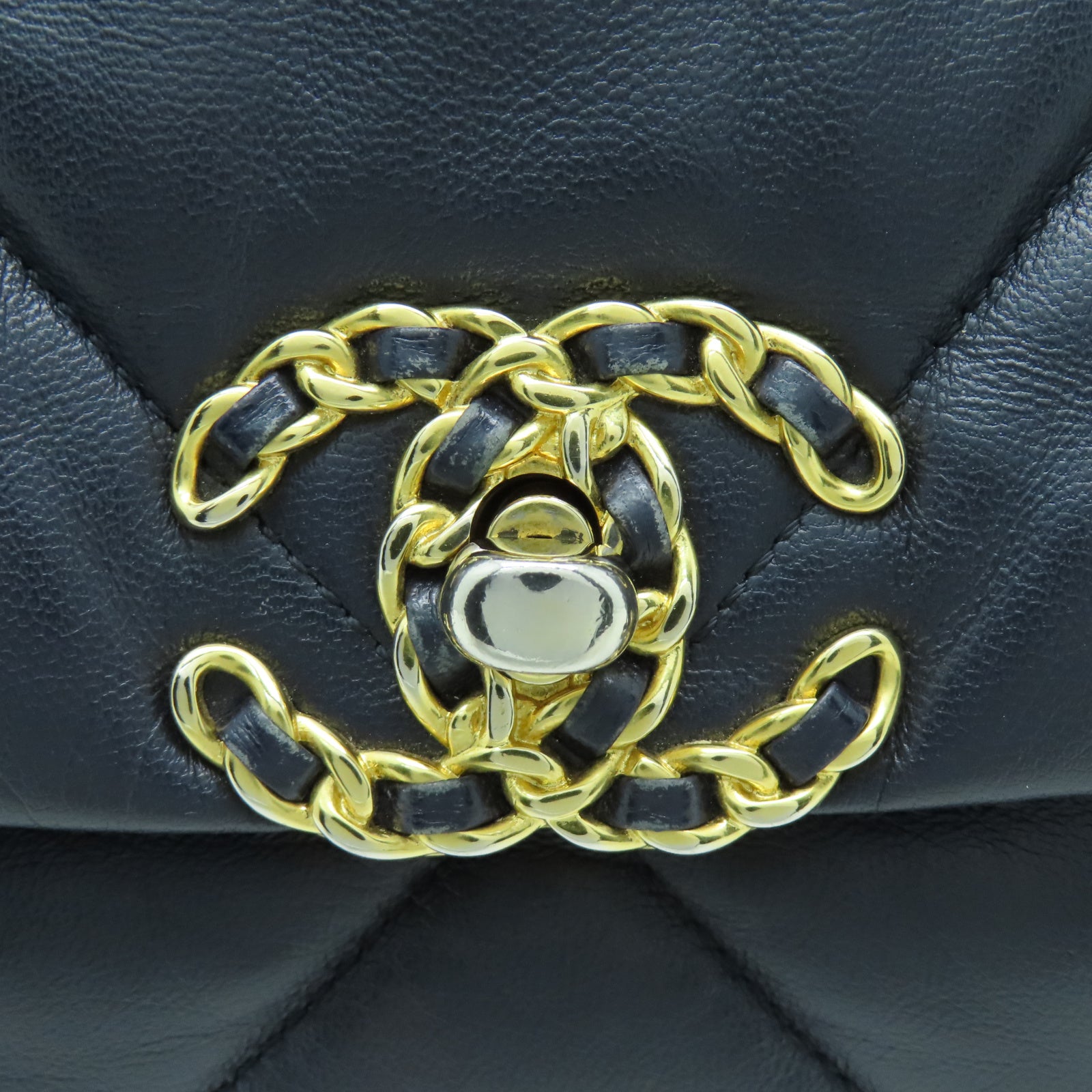 CHANEL 菱格羊皮皮革Shoulder Bag金扣/銀扣鏈帶肩背袋深藍色