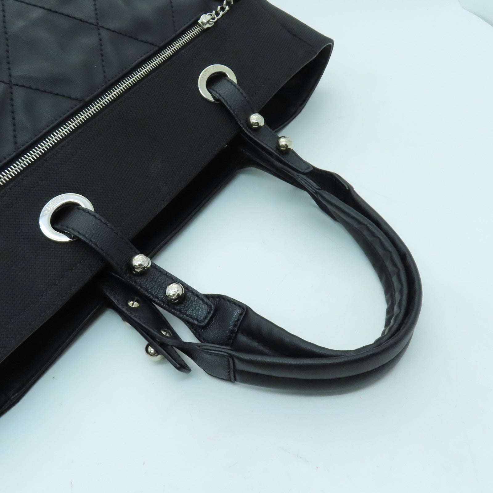 CHANEL 菱格皮革Tote Bag銀扣手挽袋黑色
