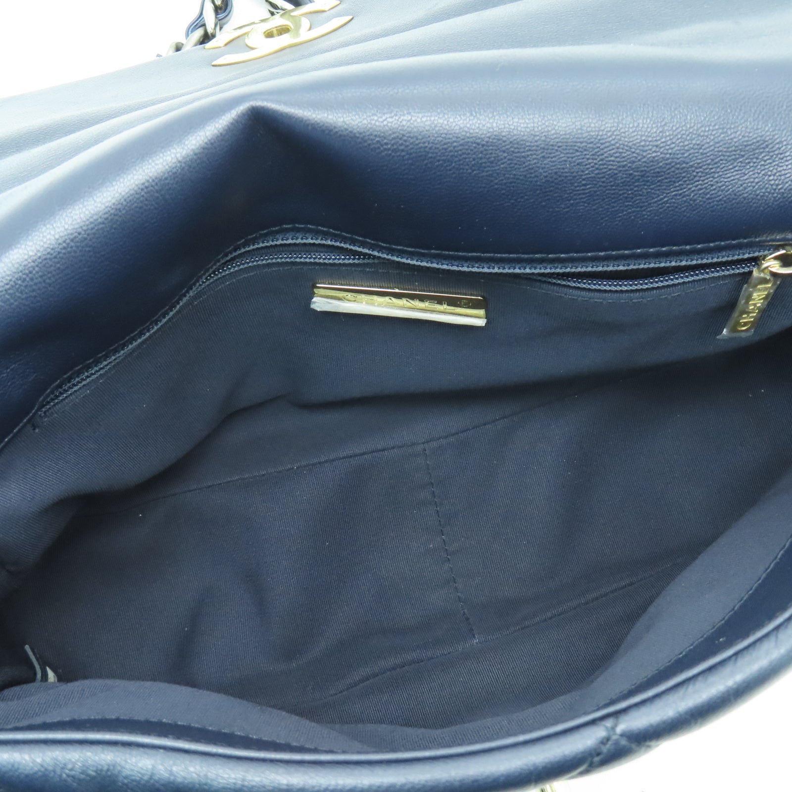 CHANEL 菱格羊皮皮革Shoulder Bag金扣/銀扣鏈帶肩背袋深藍色