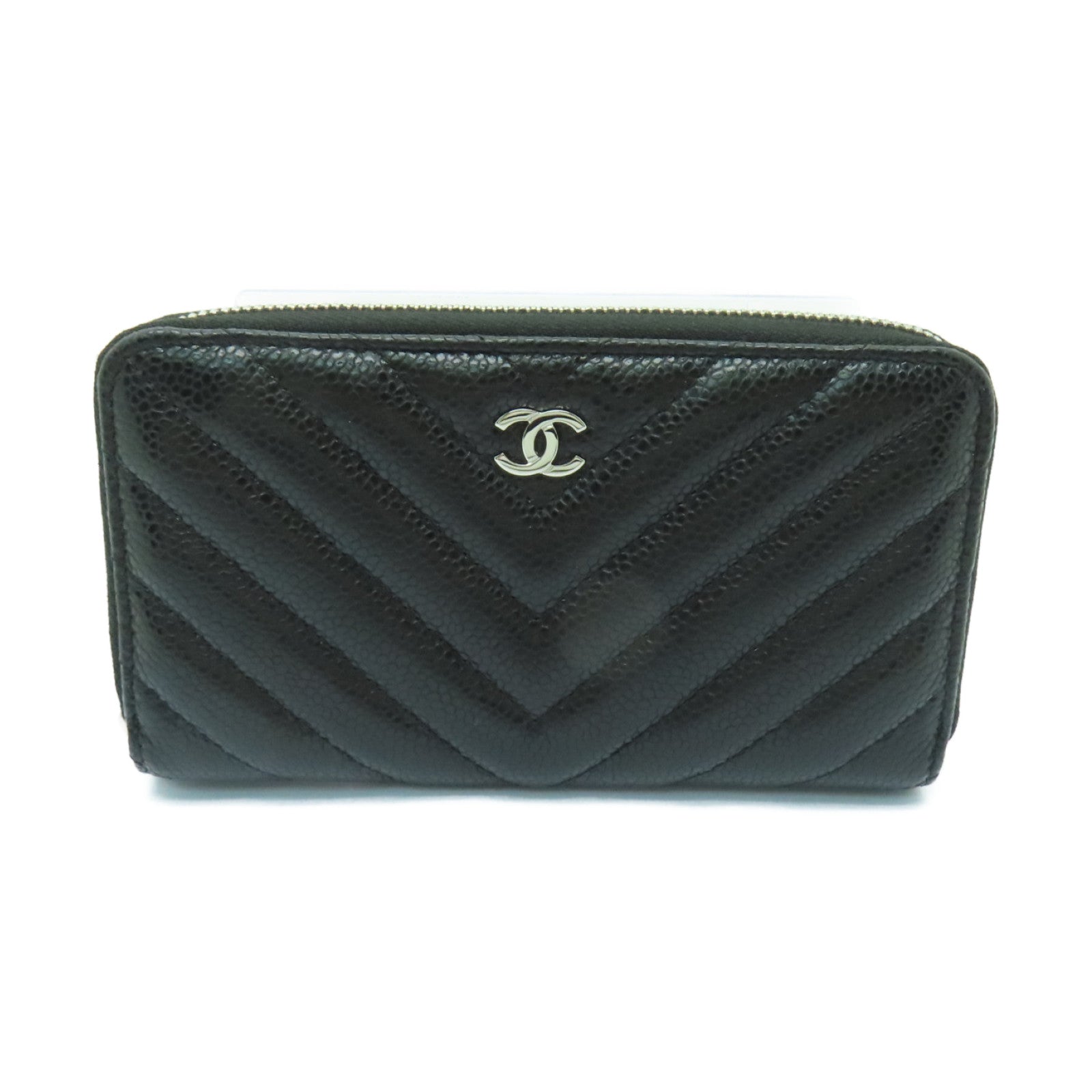 CHANEL 斜紋Caviar皮革Wallet銀扣長錢包黑色