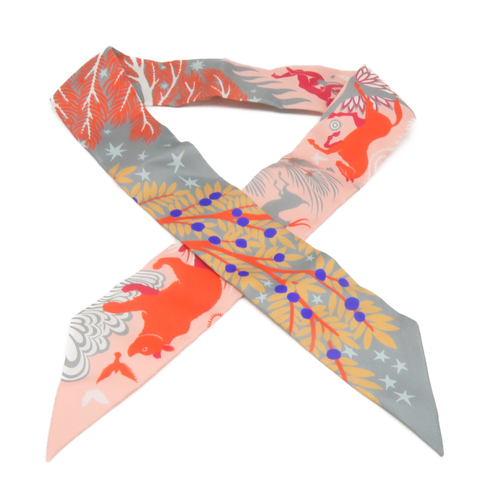 HERMES 丝质Twilly Scarf丝巾灰色/粉红色/彩色