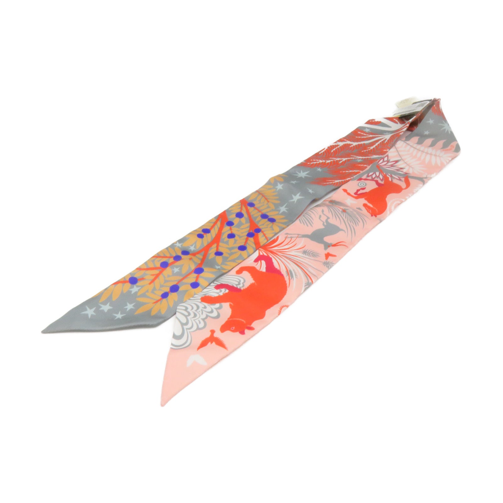 HERMES 丝质Twilly Scarf丝巾灰色/粉红色/彩色