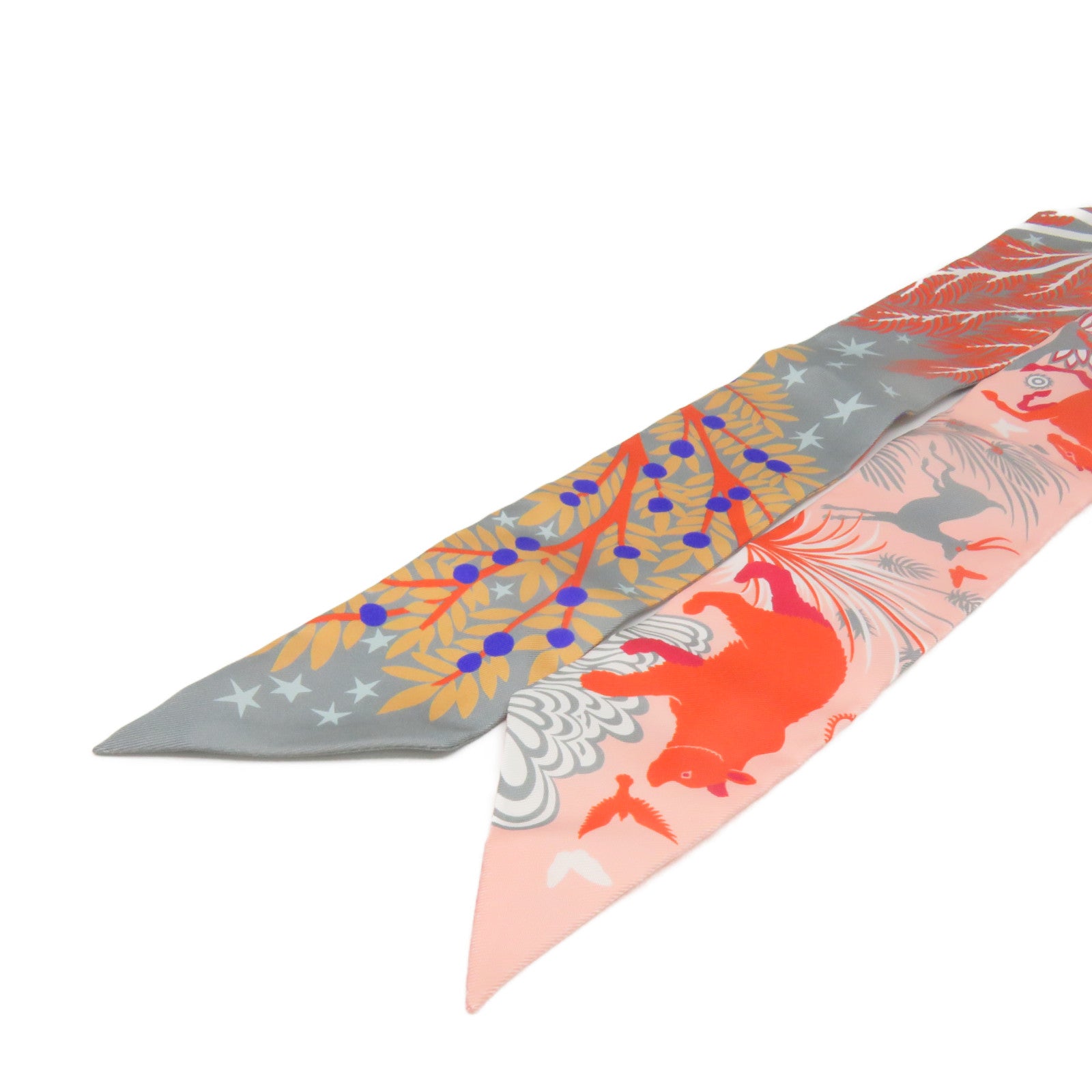 HERMES 丝质Twilly Scarf丝巾灰色/粉红色/彩色