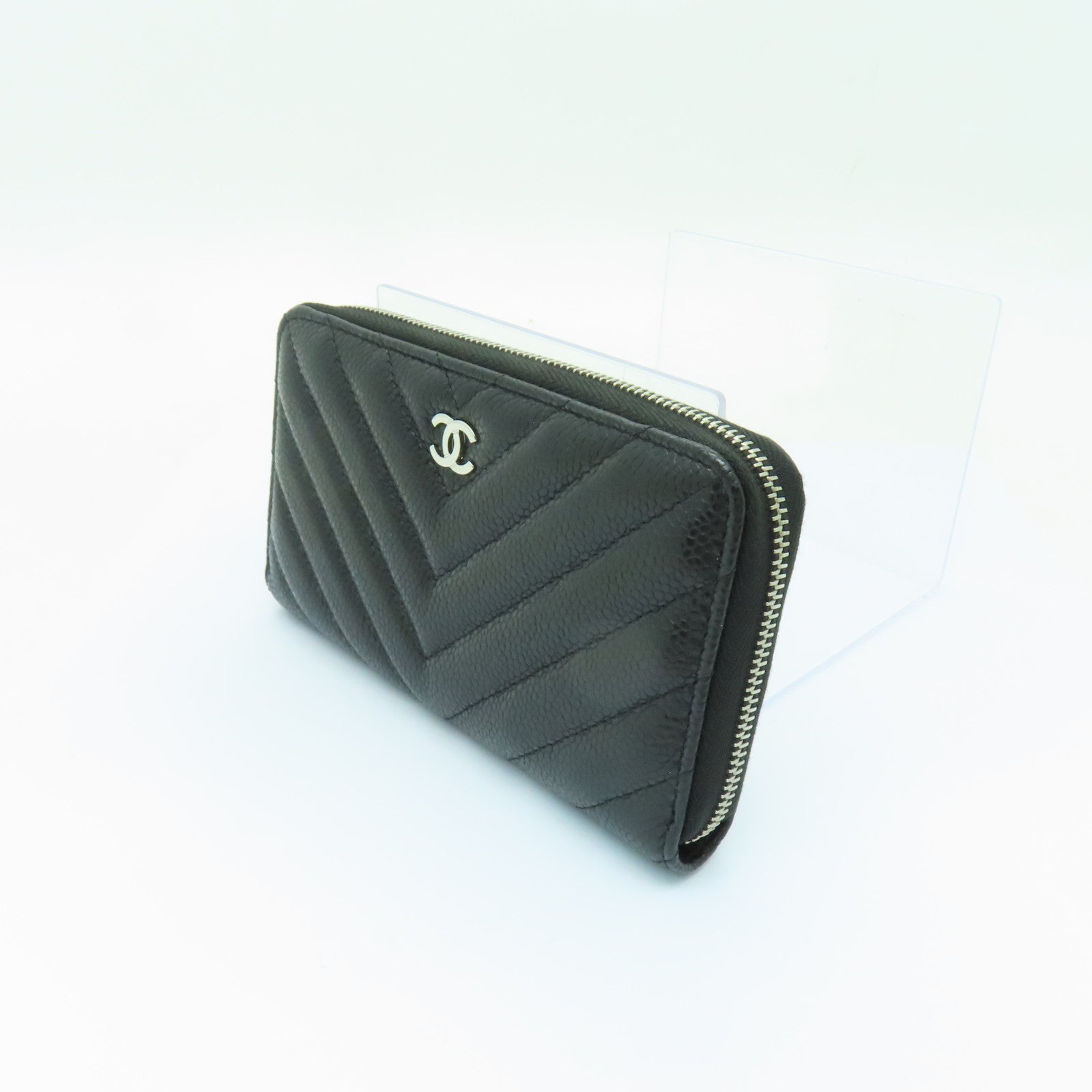 CHANEL 斜紋Caviar皮革Wallet銀扣長錢包黑色