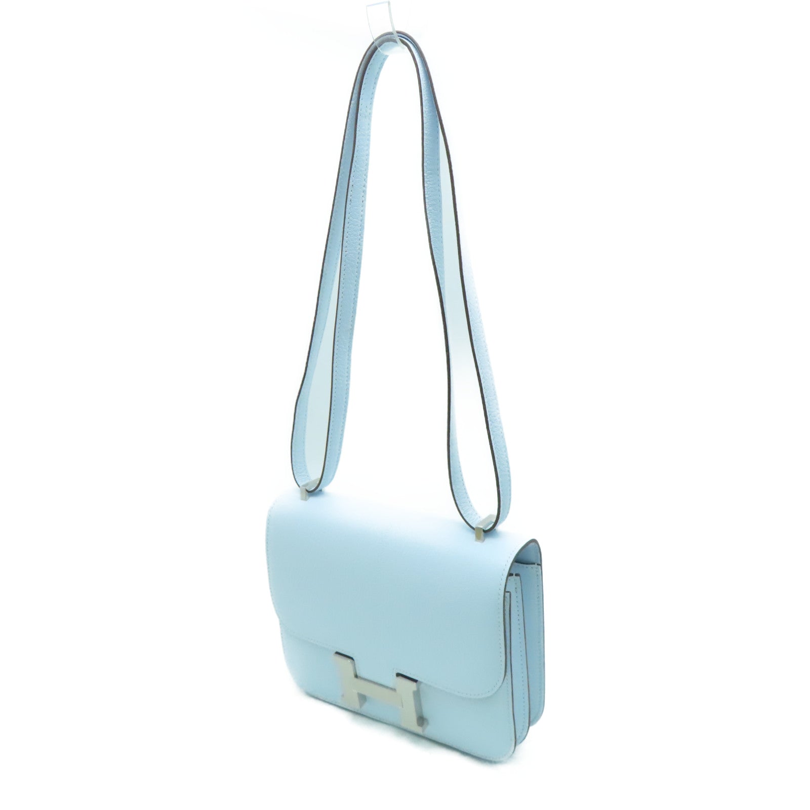 HERMES 【激減優惠】Chevre皮革Constance Mini銀扣肩背袋霧霾藍/Bleu Brume/T0
