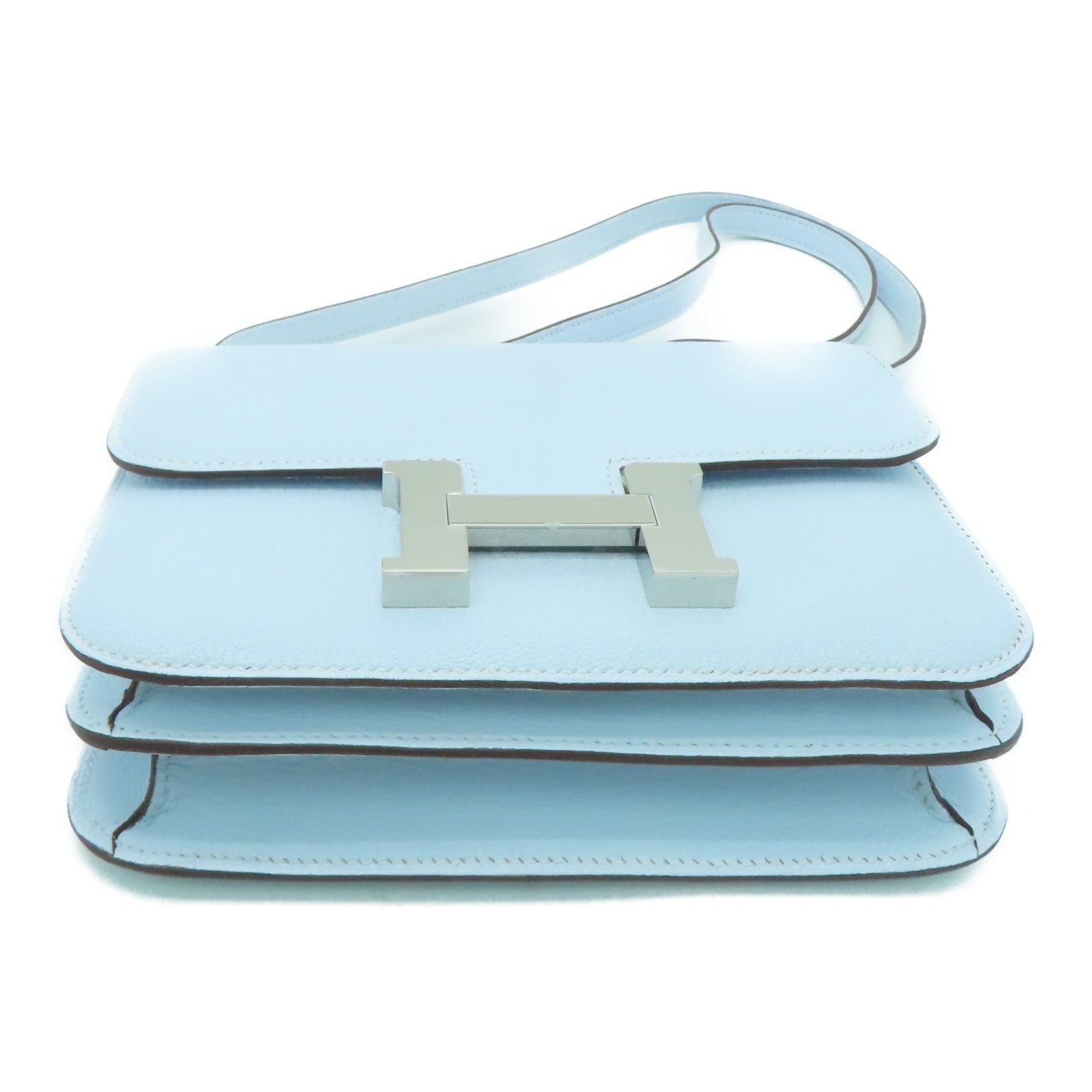 HERMES 【激減優惠】Chevre皮革Constance Mini銀扣肩背袋霧霾藍/Bleu Brume/T0
