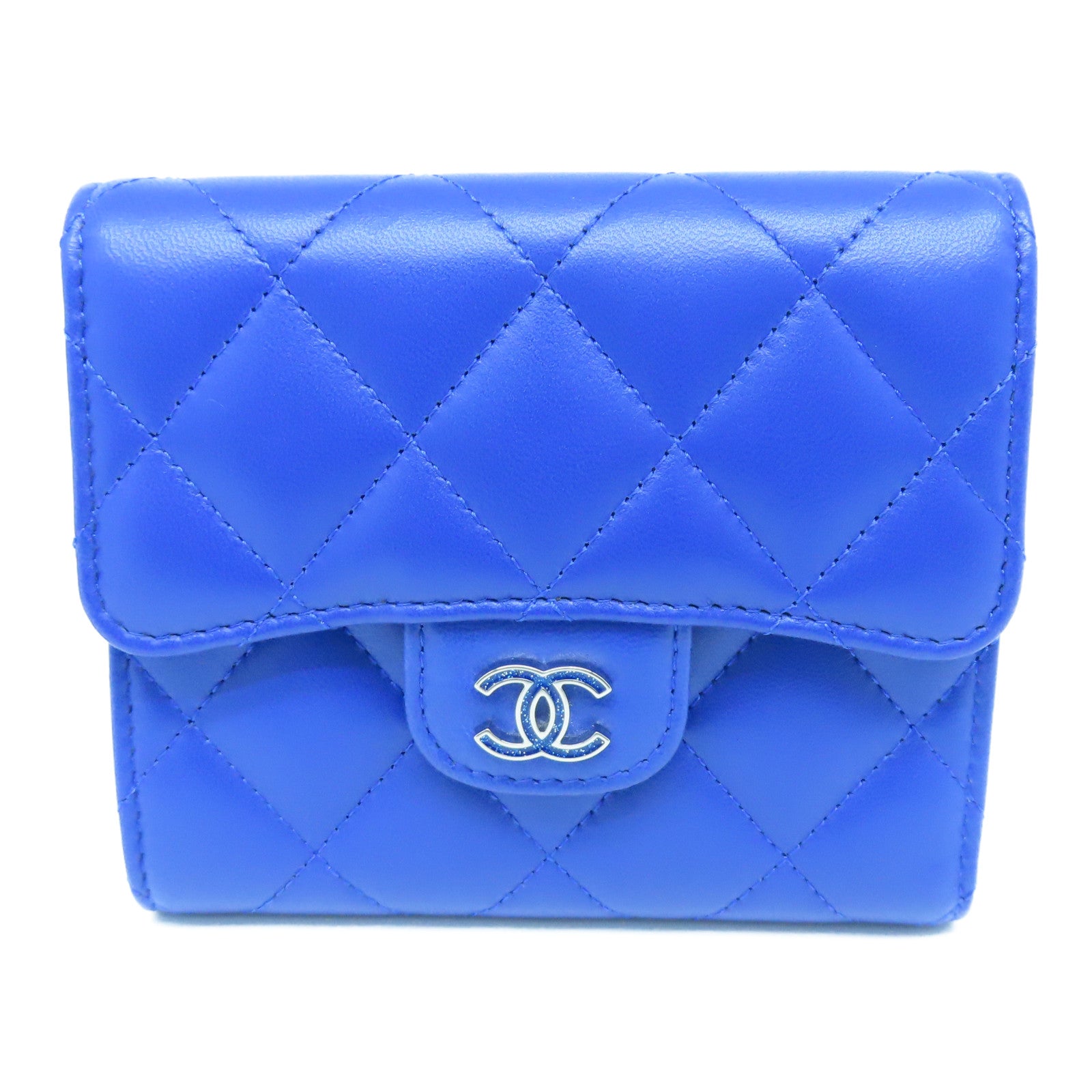 CHANEL rhombic cowhide leather Wallet silver buckle wallet blue