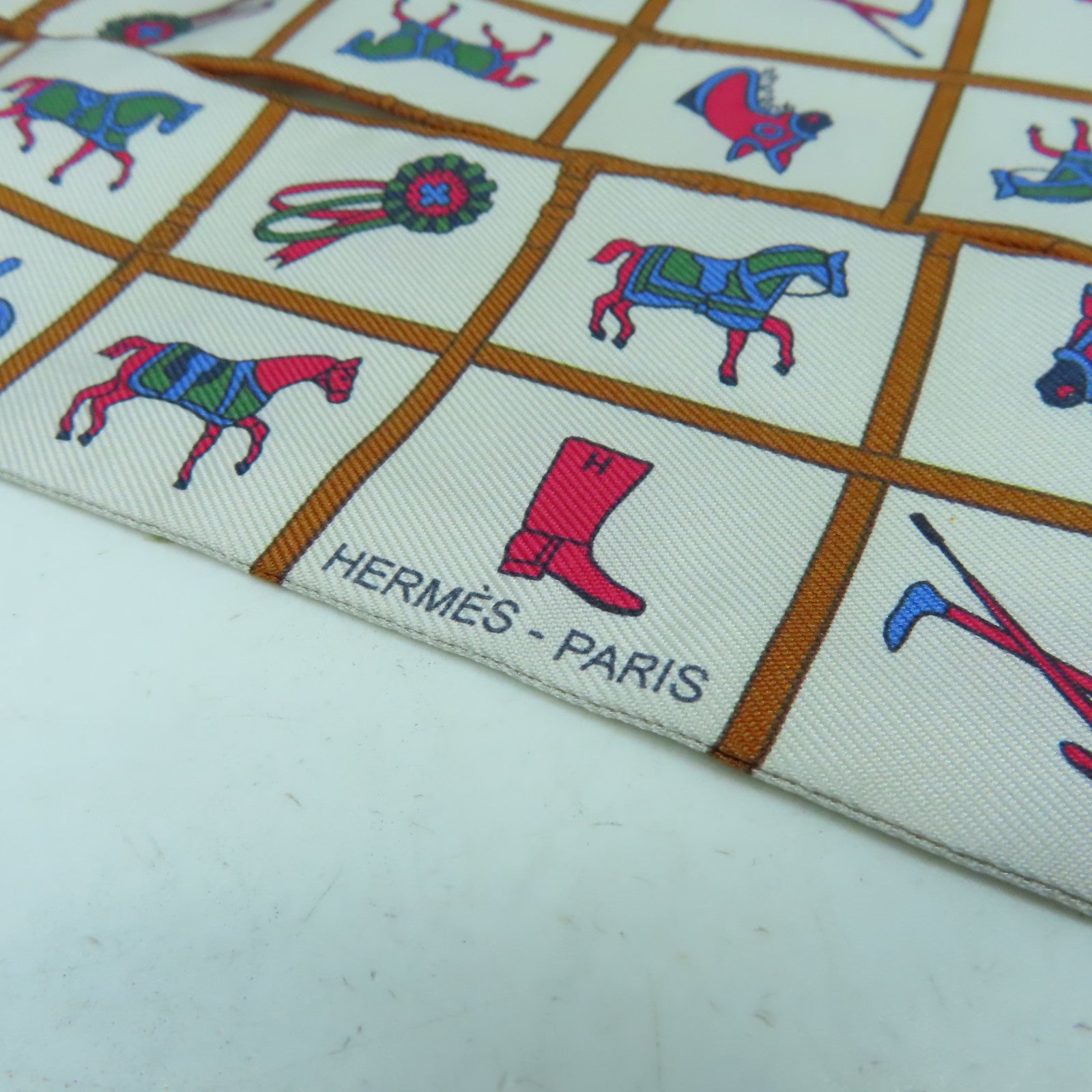 HERMES 絲質Twilly絲巾彩色/米色/啡色