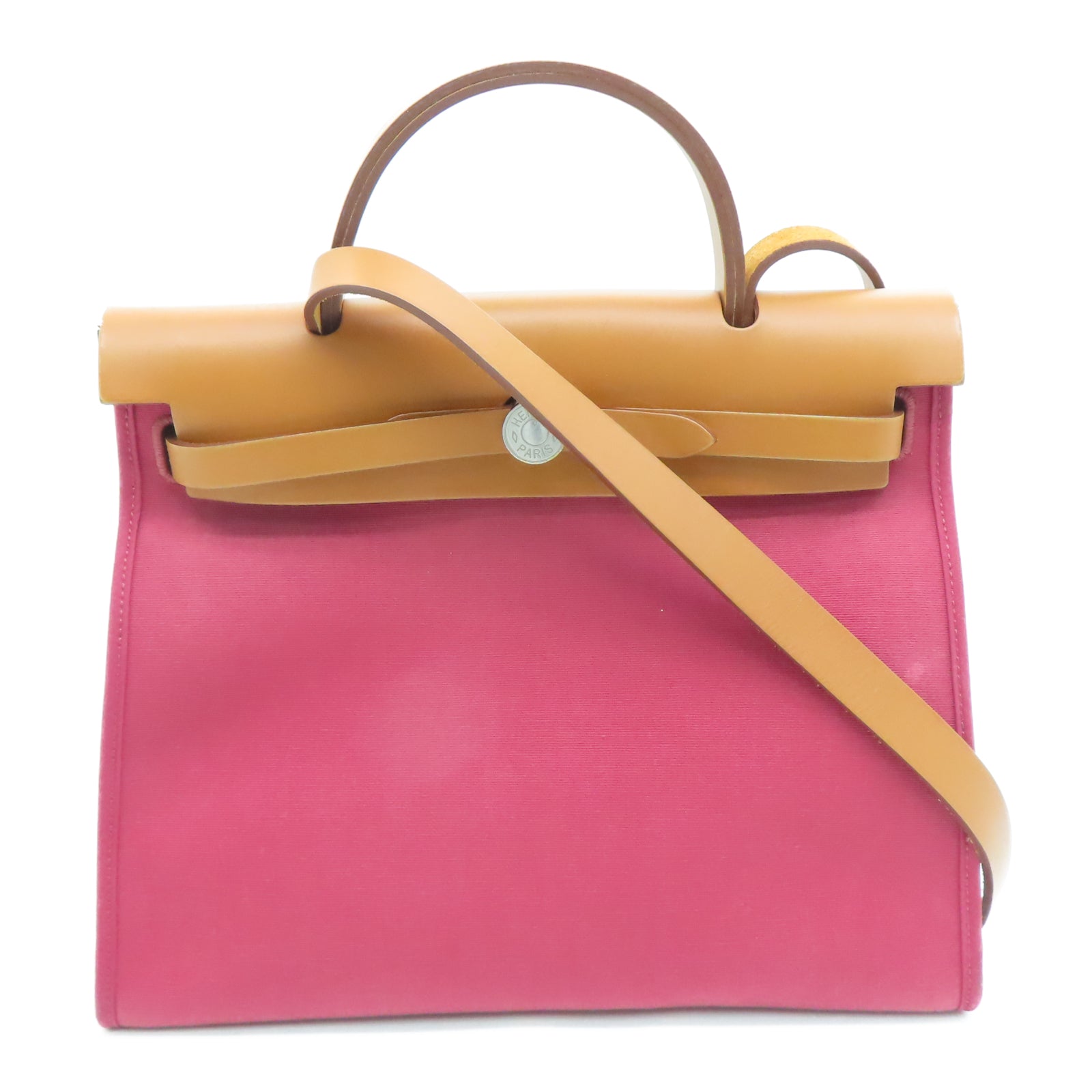 HERMES Toile皮革Herbag PM银扣手挽肩背两用袋宝石红色