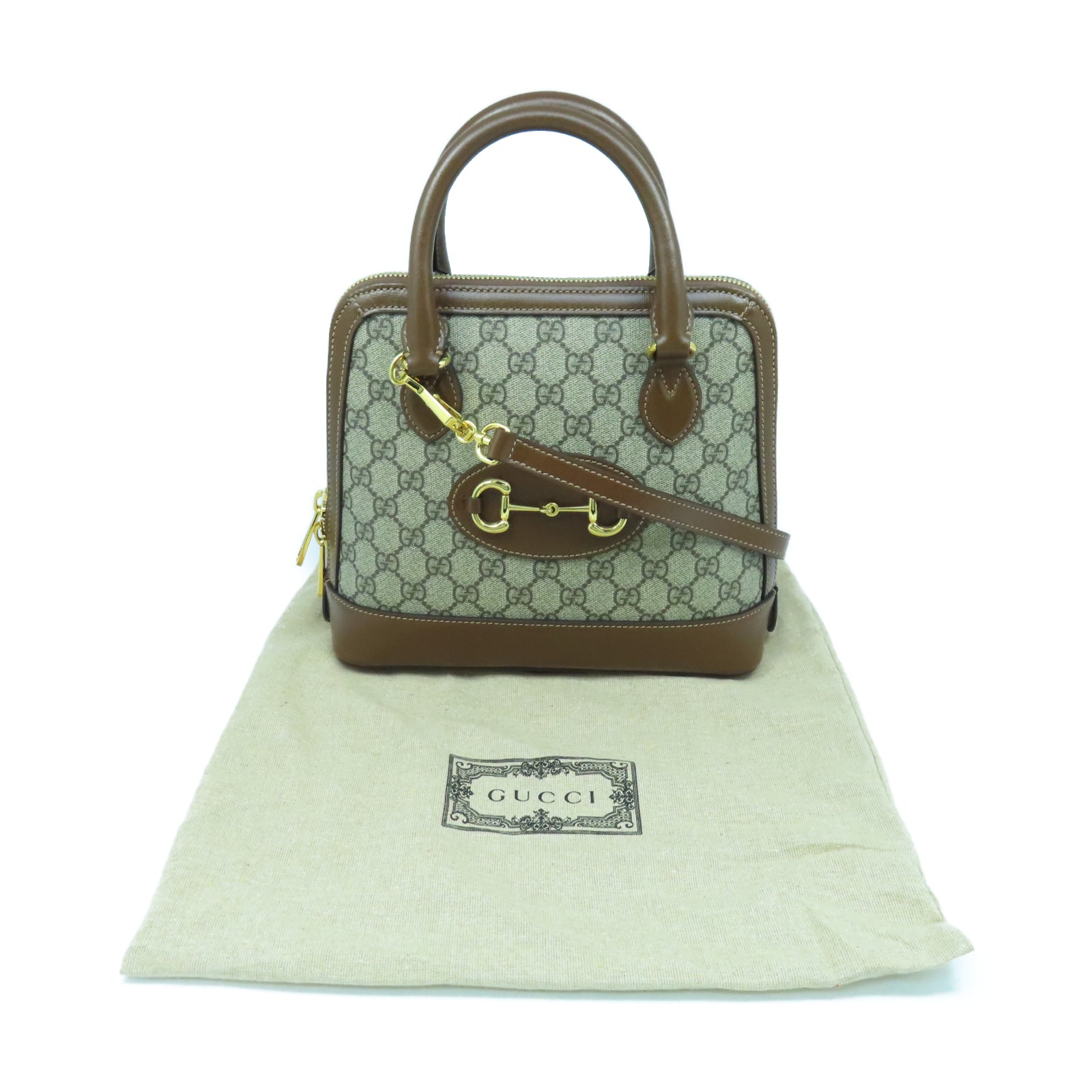 GUCCI 塗層帆布Horsebit 1955 Small金扣手挽肩背兩用袋棕色