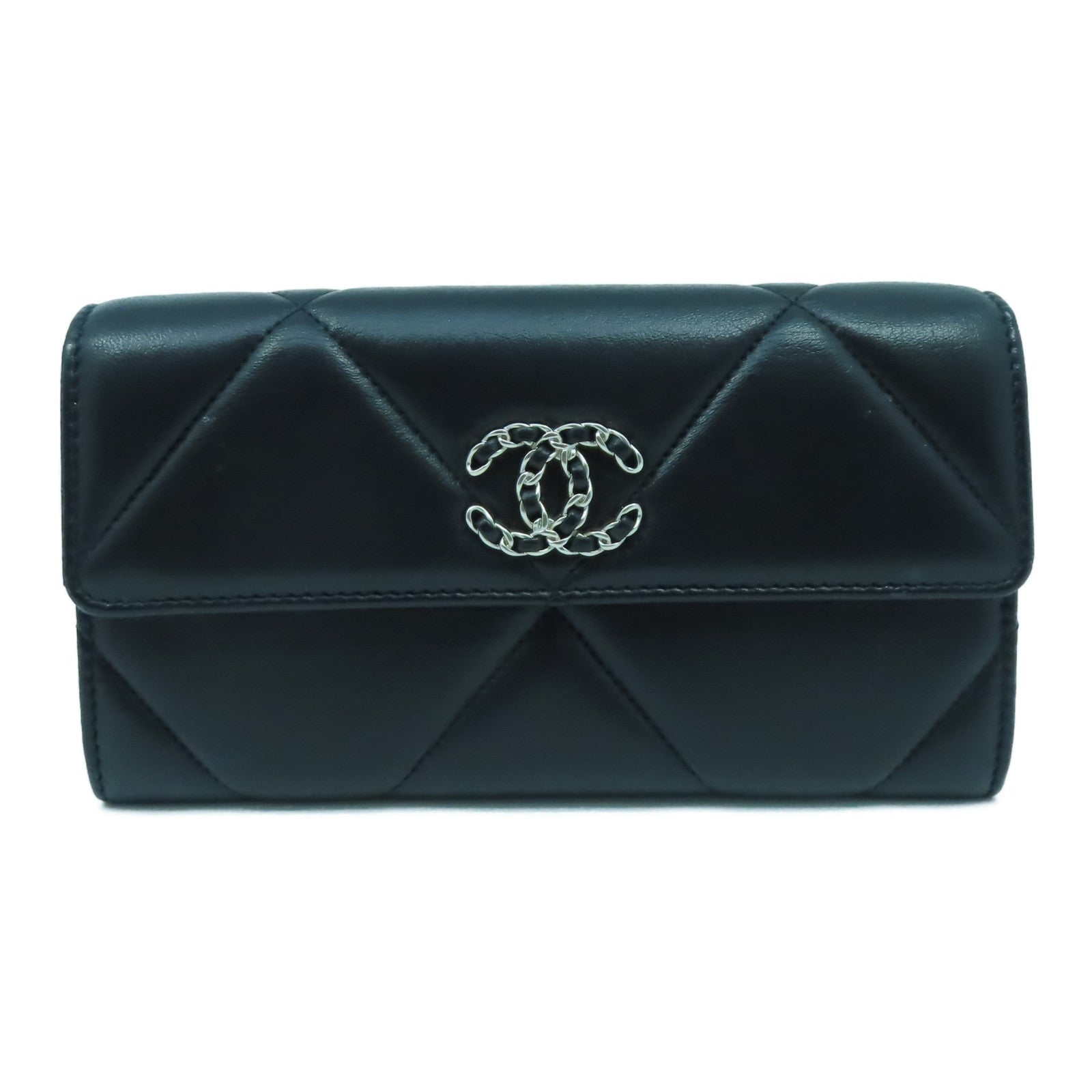 CHANEL 菱格牛皮皮革C19 Long Wallet銀扣長錢包黑色