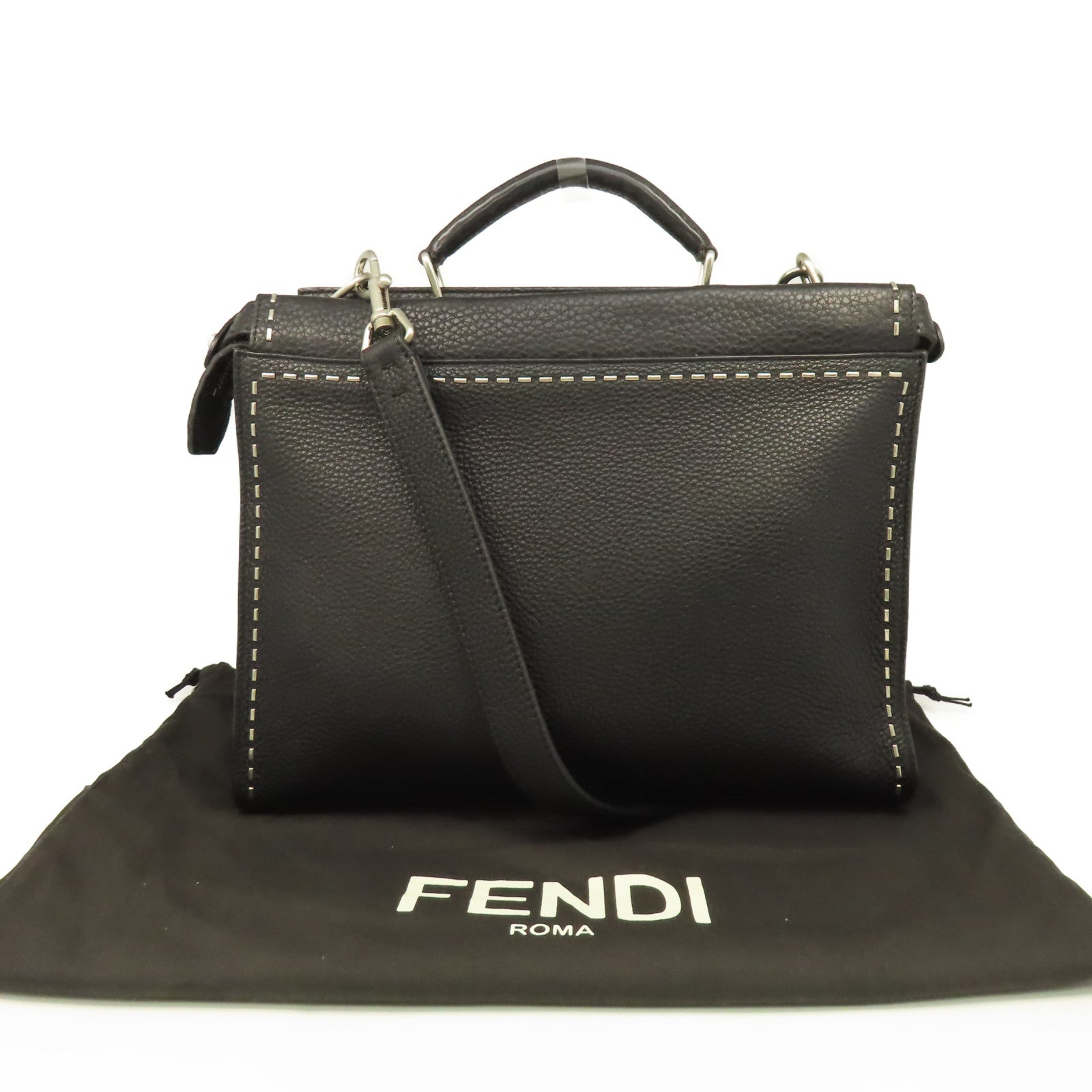 FENDI 牛皮皮革Peekaboo Bag銀扣手挽肩背兩用袋/公事包黑色