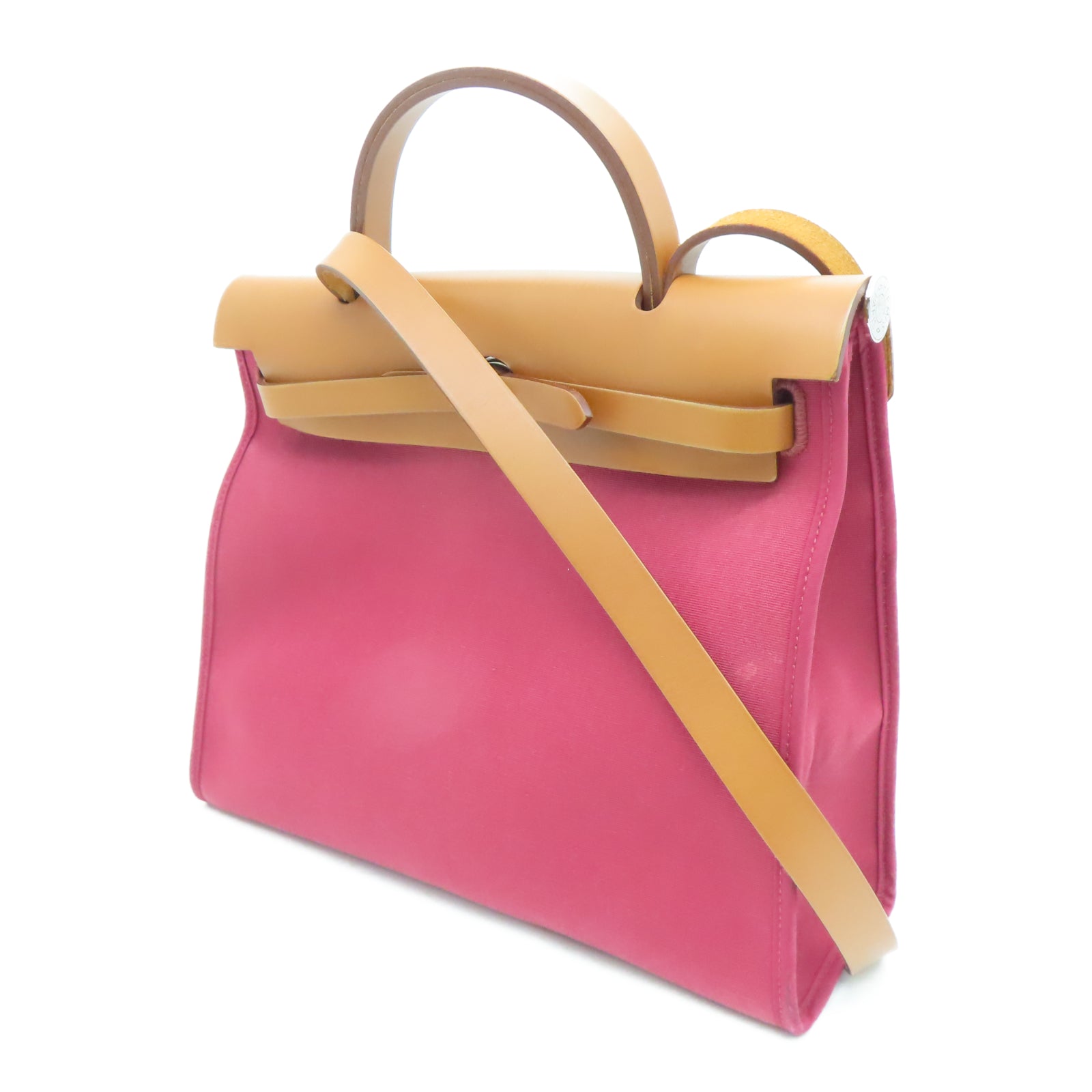HERMES Toile皮革Herbag PM银扣手挽肩背两用袋宝石红色