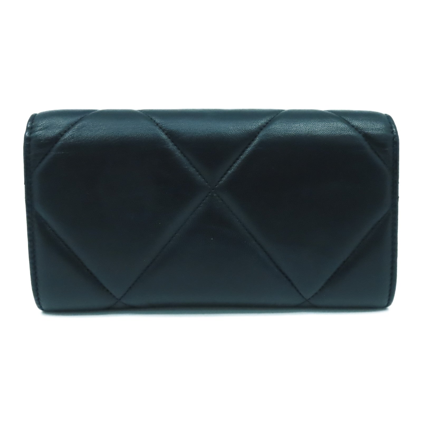 CHANEL 菱格牛皮皮革C19 Long Wallet銀扣長錢包黑色