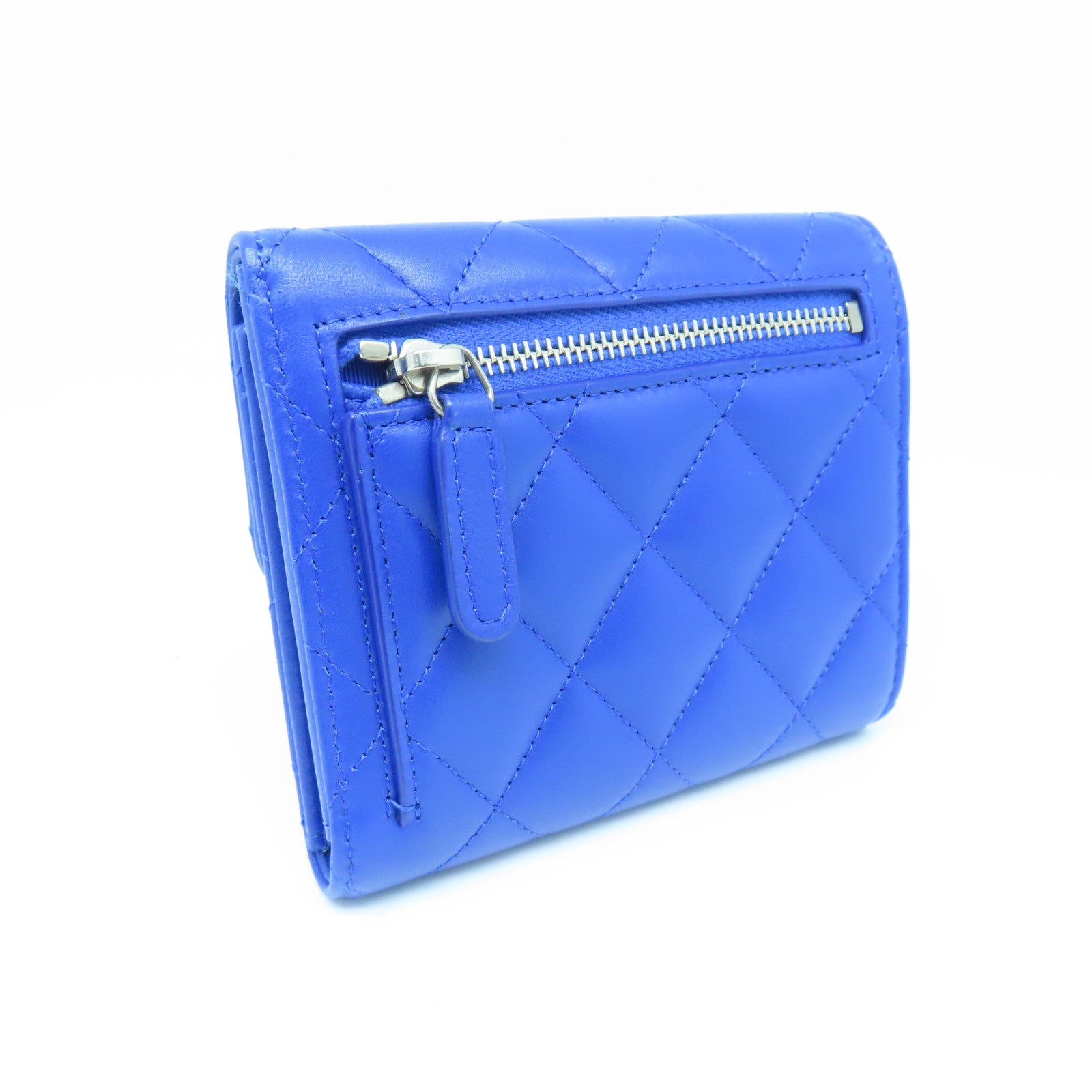 CHANEL rhombic cowhide leather Wallet silver buckle wallet blue