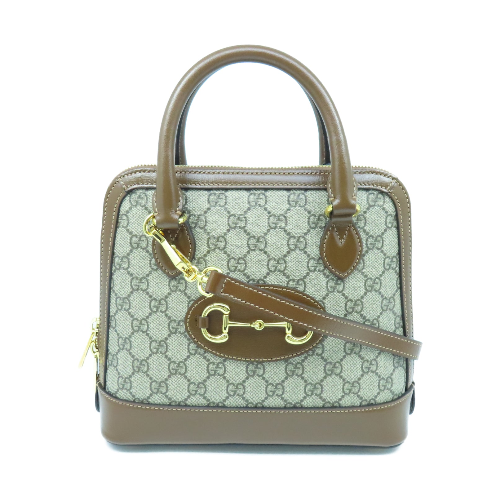 GUCCI 塗層帆布Horsebit 1955 Small金扣手挽肩背兩用袋棕色