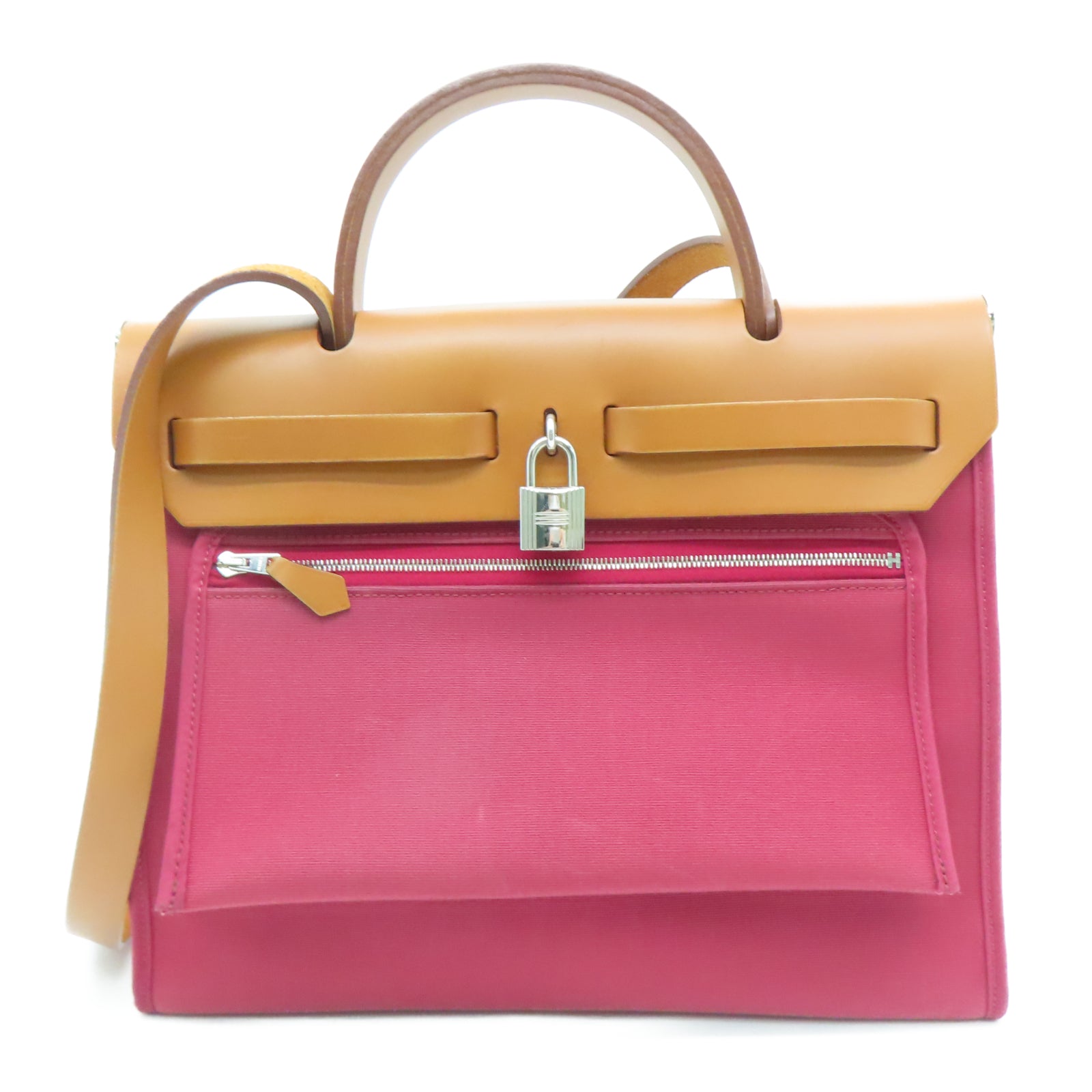 HERMES Toile皮革Herbag PM银扣手挽肩背两用袋宝石红色
