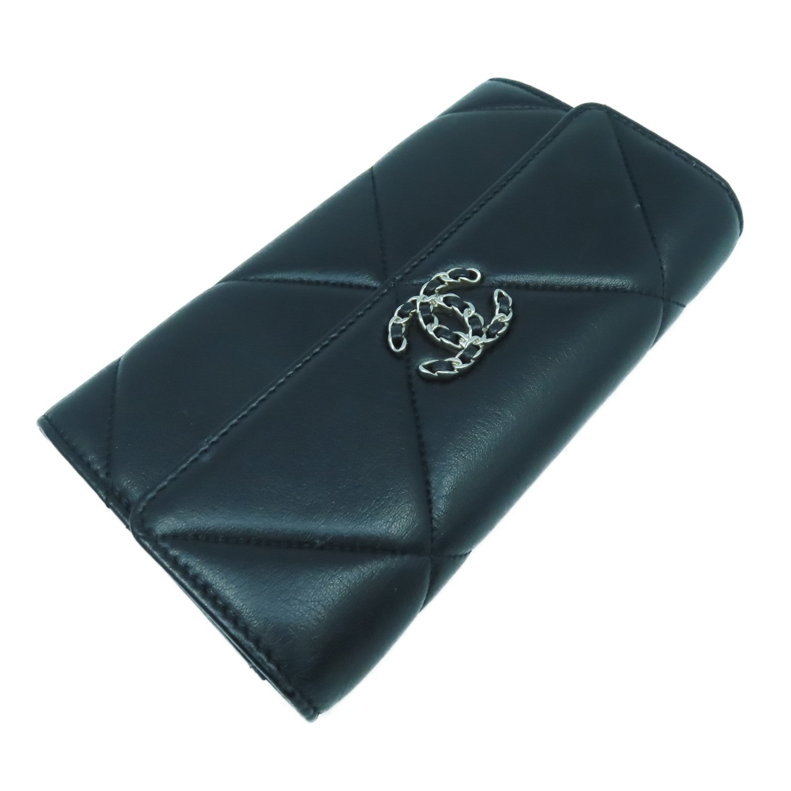 CHANEL 菱格牛皮皮革C19 Long Wallet銀扣長錢包黑色