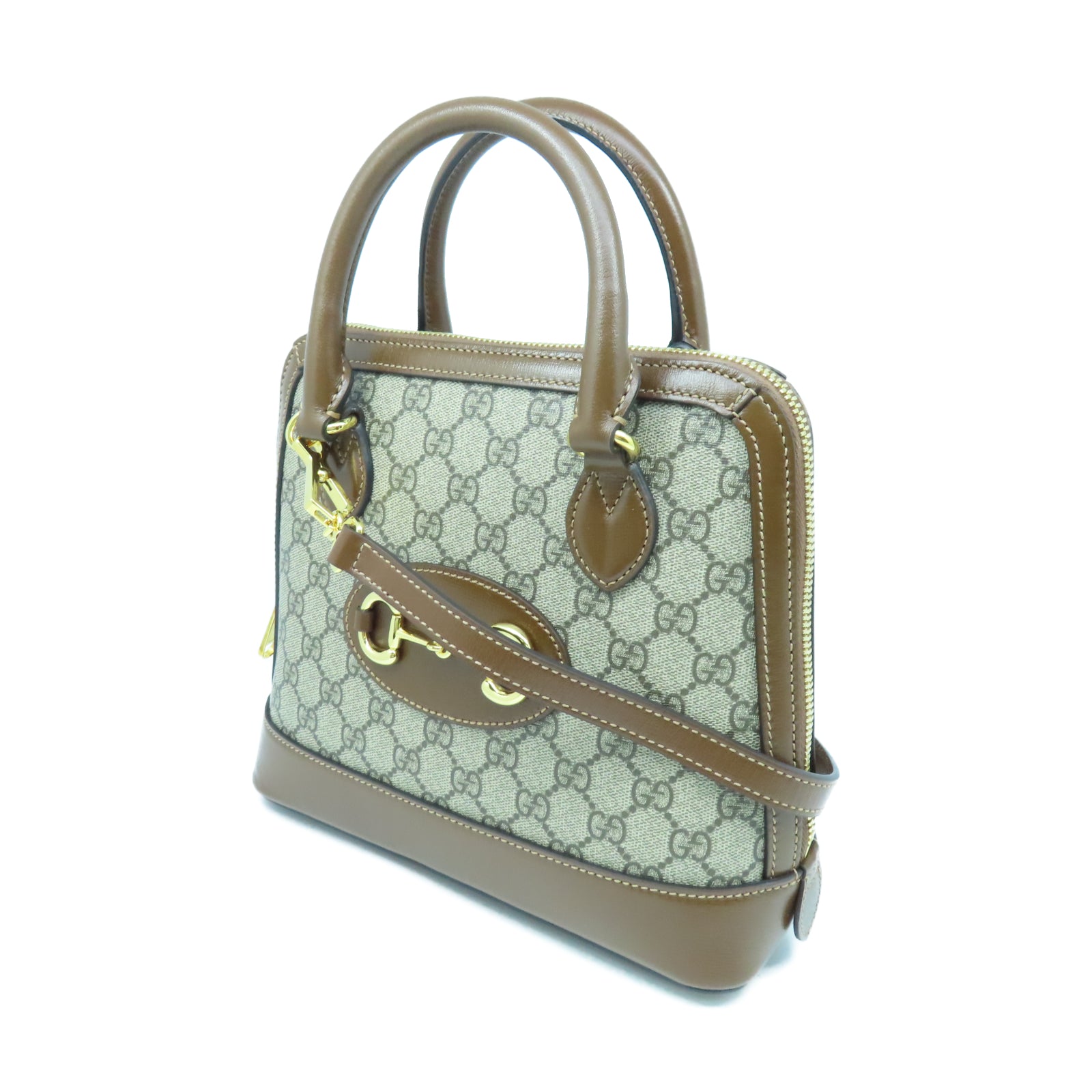 GUCCI 塗層帆布Horsebit 1955 Small金扣手挽肩背兩用袋棕色