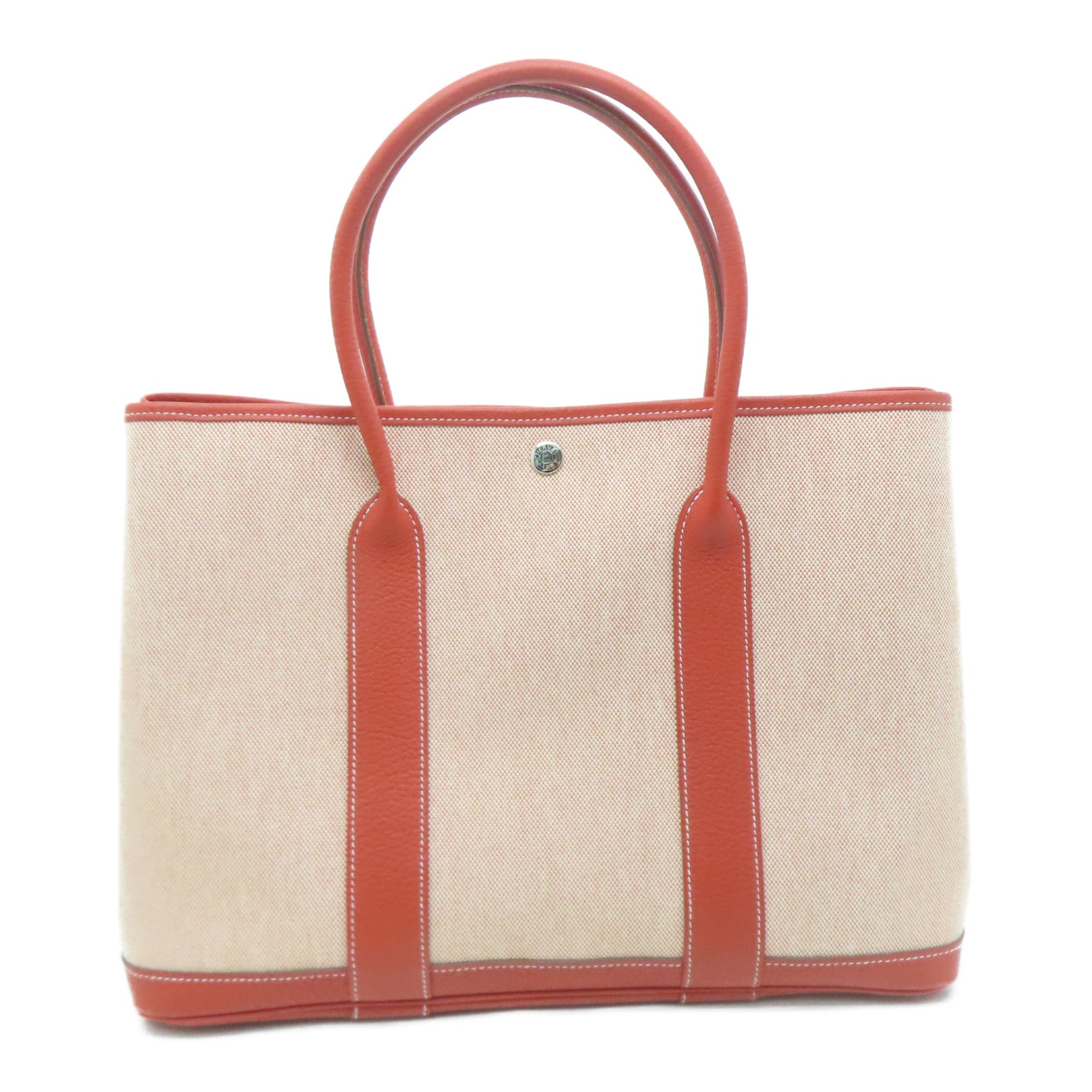 HERMES 【激減優惠】帆布GardenParty PM銀扣手挽袋橙紅色