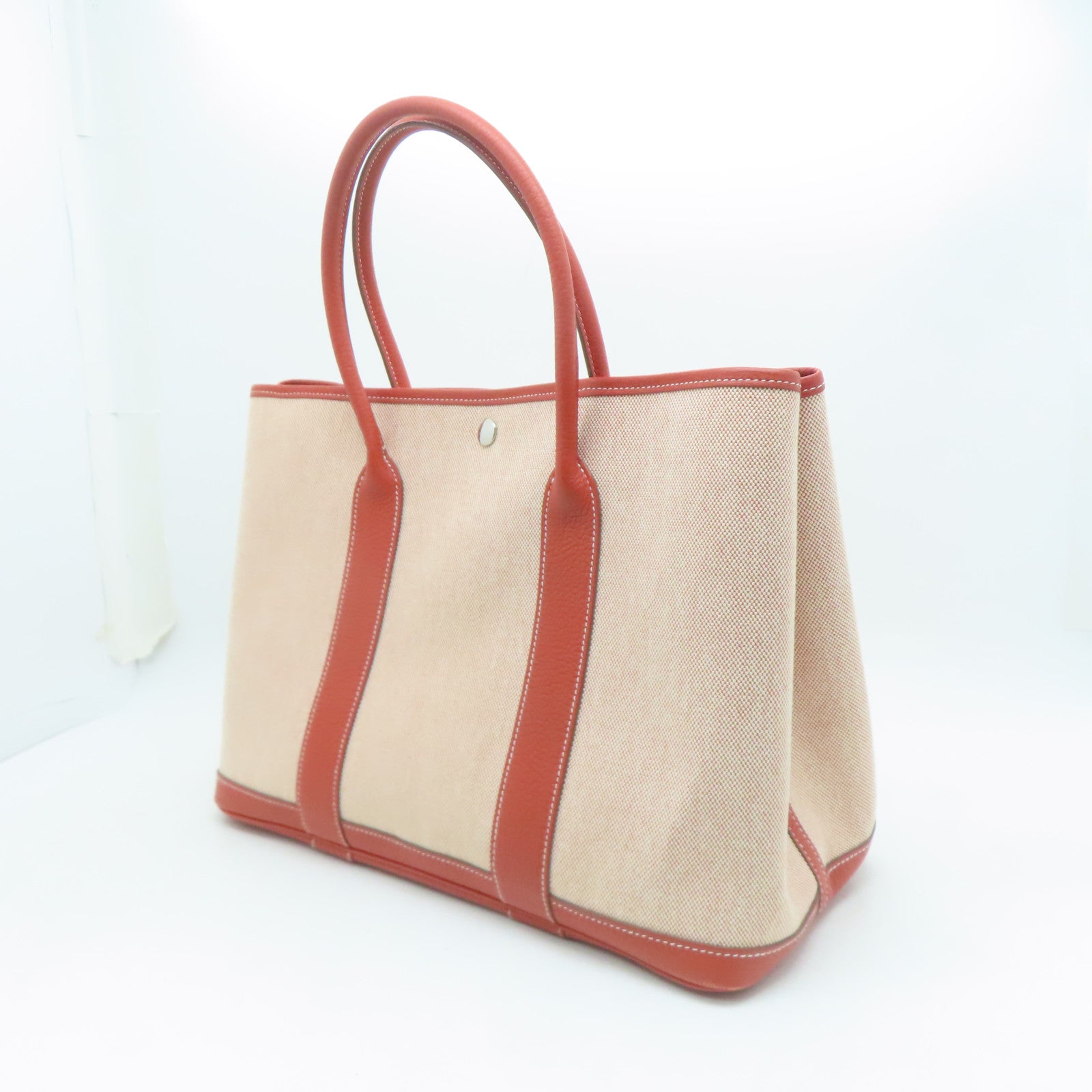 HERMES 【激減優惠】帆布GardenParty PM銀扣手挽袋橙紅色