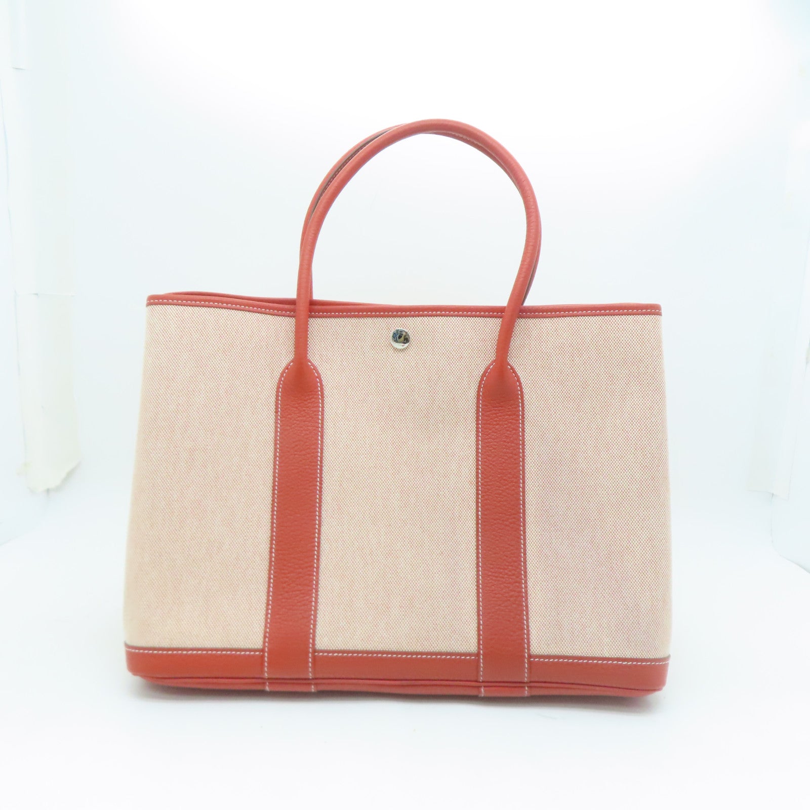 HERMES 【激減優惠】帆布GardenParty PM銀扣手挽袋橙紅色