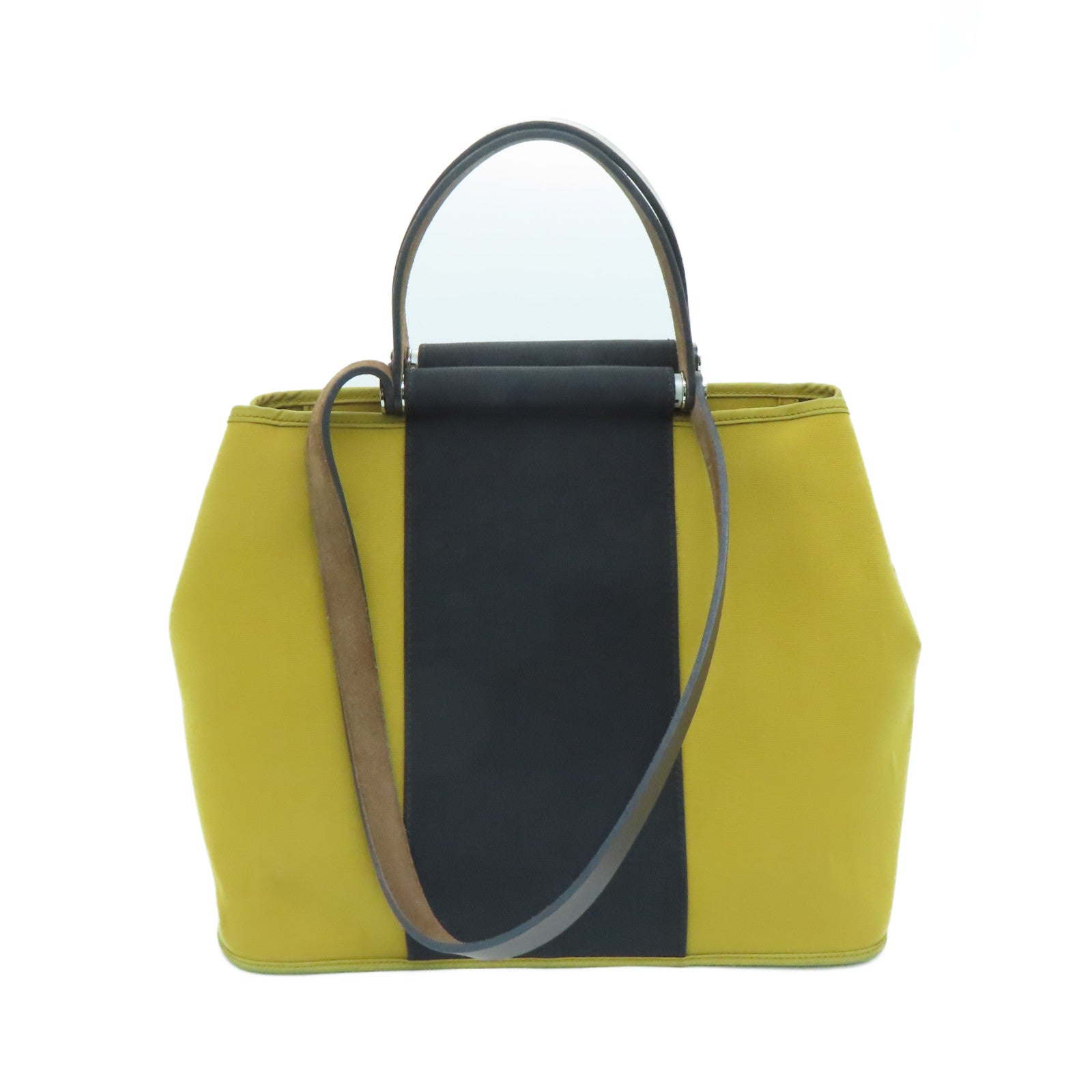 HERMES Canvas Cabag Silver Buckle Handle Shoulder Bag Black/Mustard