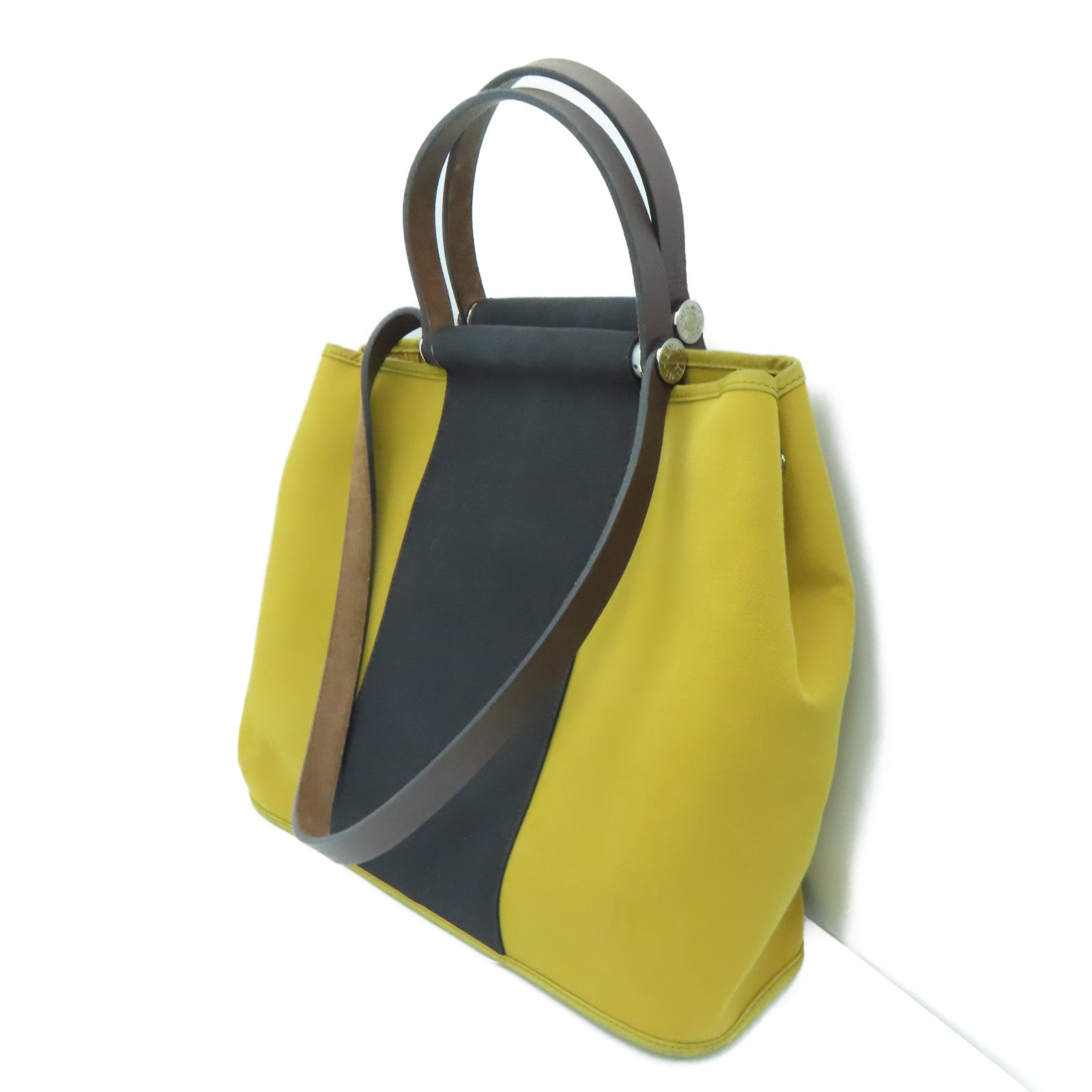 HERMES Canvas Cabag Silver Buckle Handle Shoulder Bag Black/Mustard