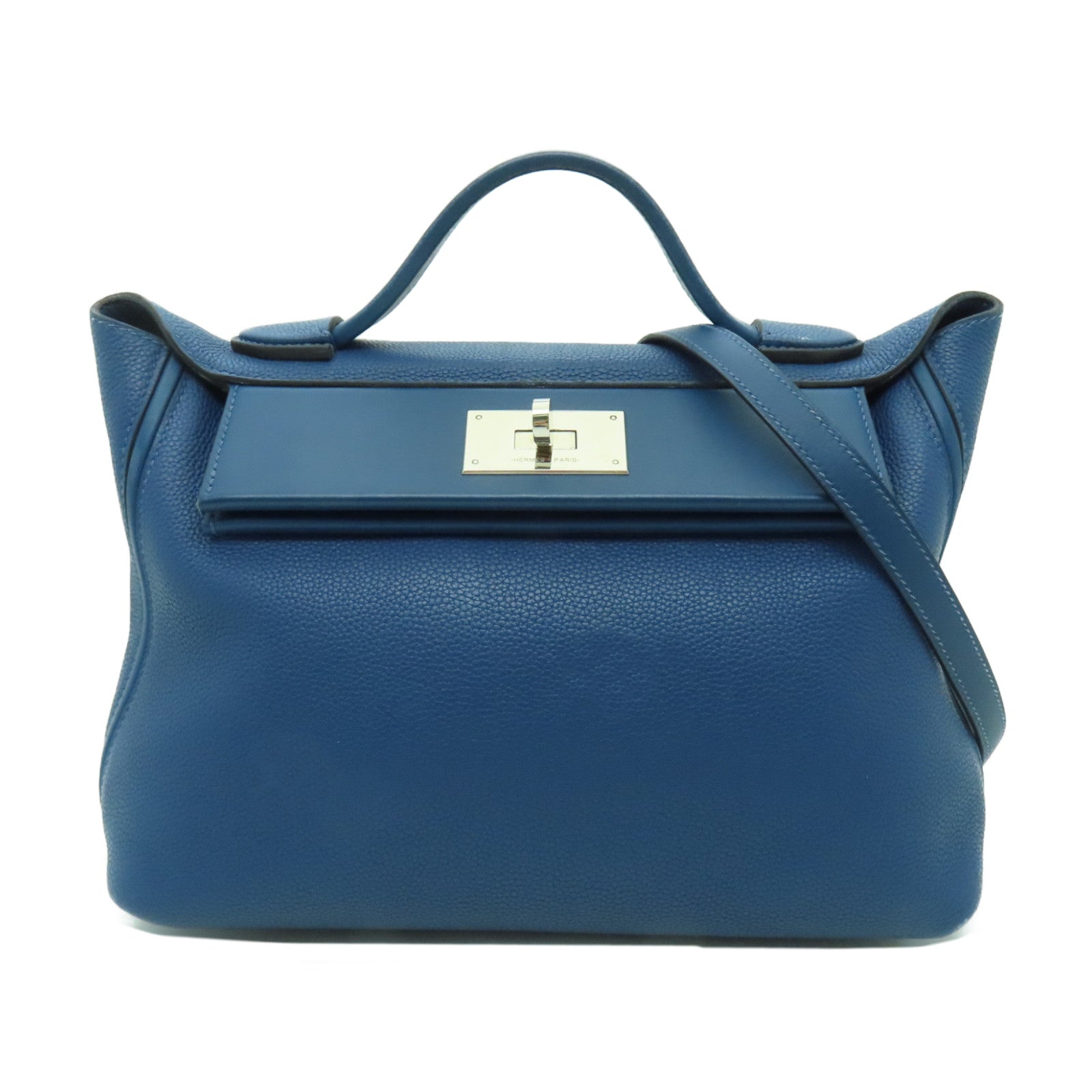 HERMES Clemence皮革24/24 29CM銀扣手挽肩背兩用袋深藍色