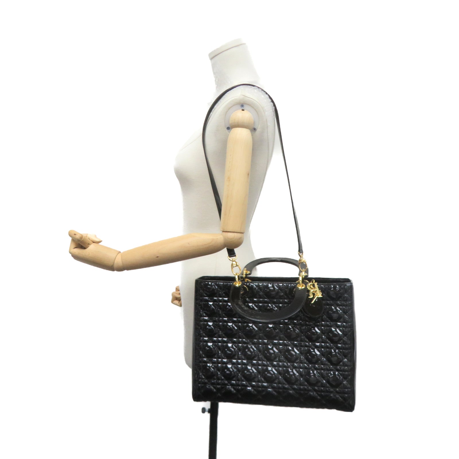 Dior 【激减优惠】漆皮Lady Dior GM 2way Hand Bag手挽肩背两用袋黑色