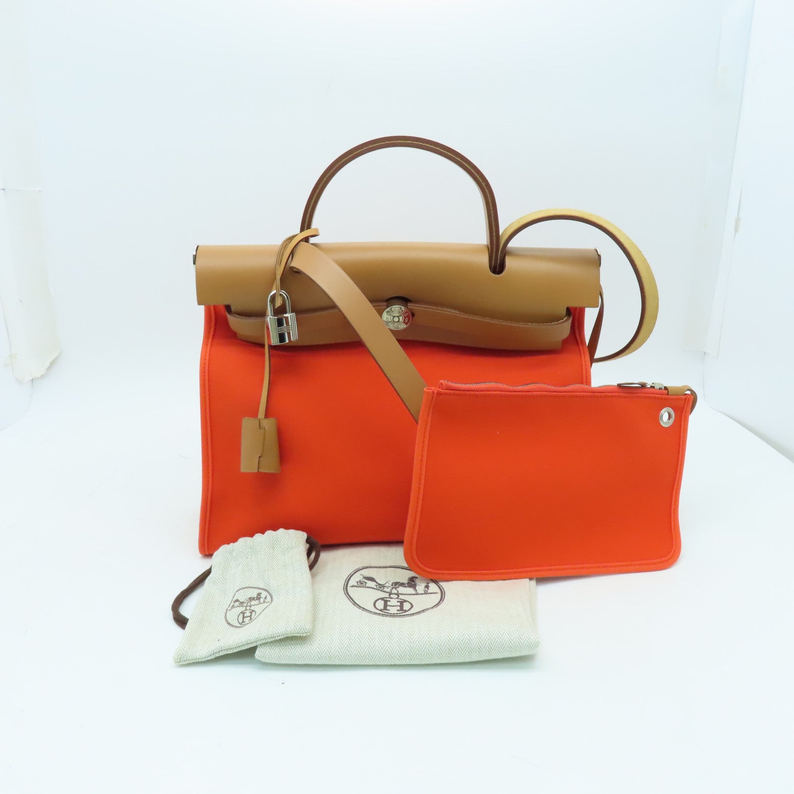 HERMES Canvas Herbag PM Silver Buckle Handle Shoulder Bag Orange/Brown
