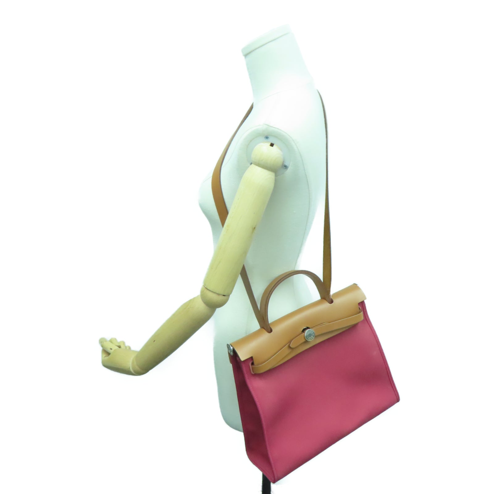 HERMES Toile皮革Herbag PM银扣手挽肩背两用袋宝石红色