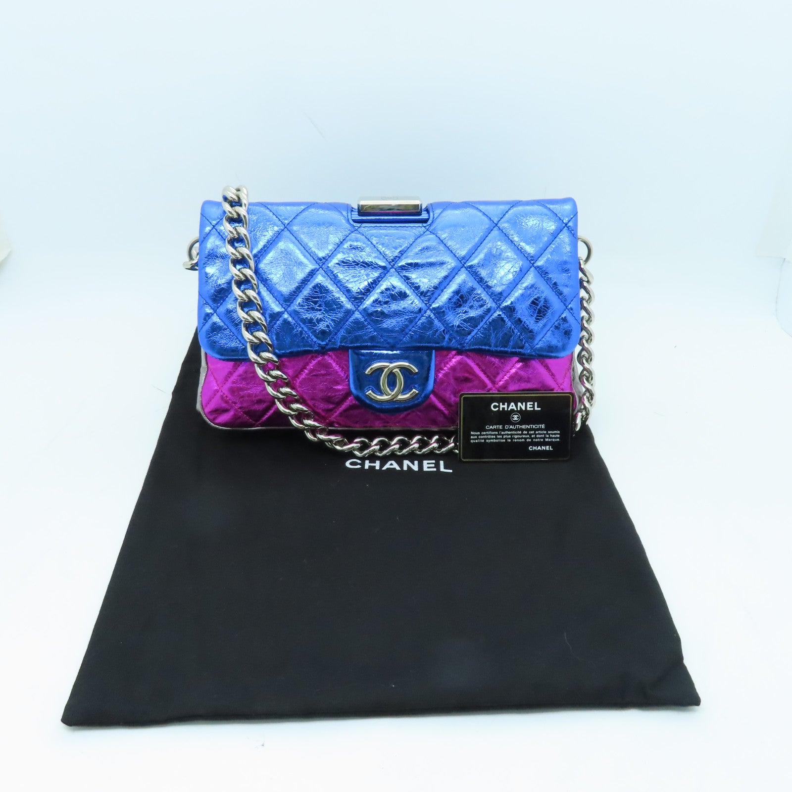 CHANEL 菱格Aged Calf皮革Chain Shoulder Bag銀扣鏈帶肩背袋藍色/粉紅色